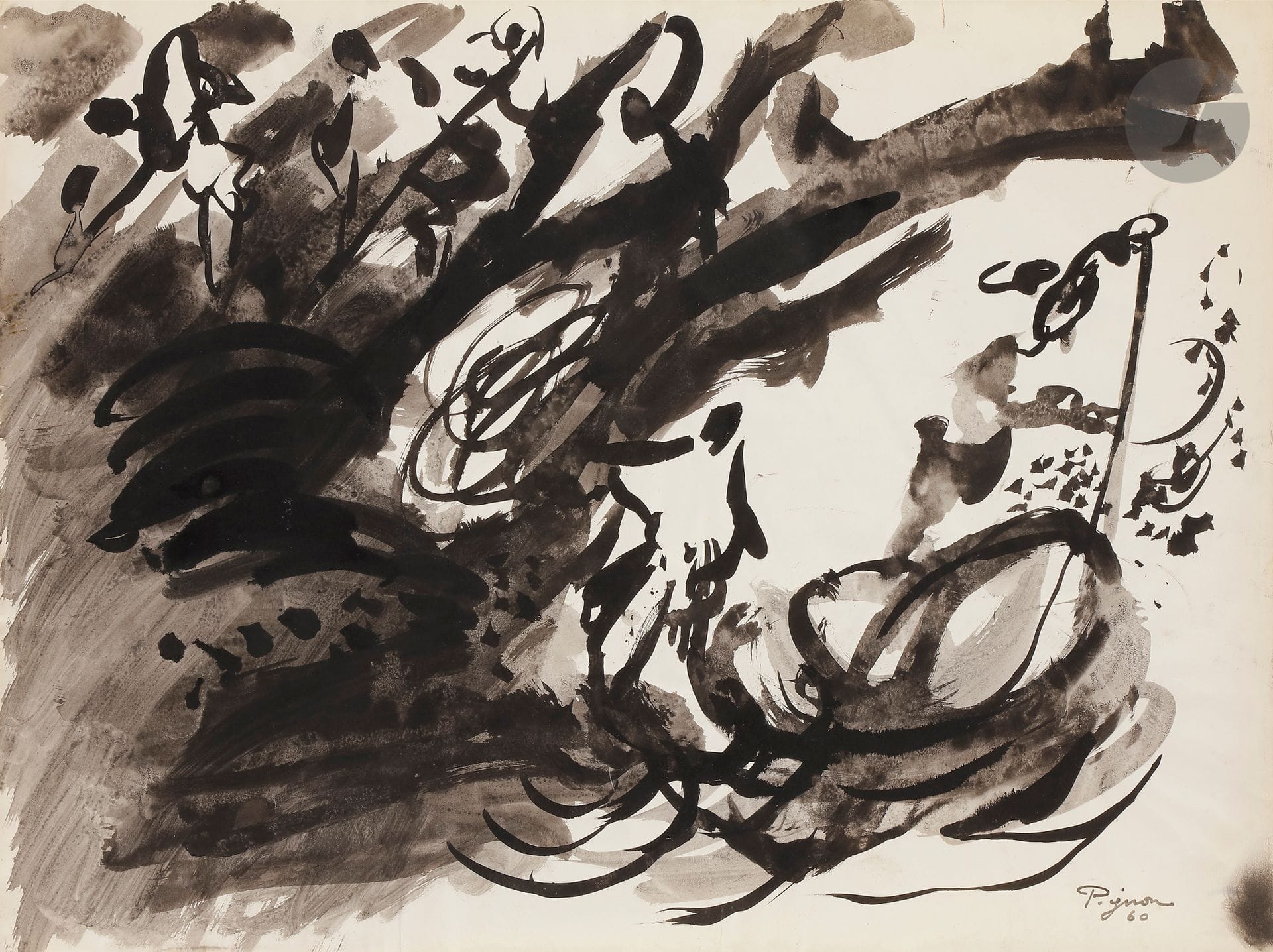 Édouard PIGNON (1905-1993)
Battages, 1960
Encre et lavis d'encre.
Signée et datée en bas à droite.
44,5 x 58 cm
 
Cette œuvre de la série des " Battages " a été réalisée à Filacciano, un village dominant la plaine du Tibre à une soixantaine de kilomètres de Rome. Pignon y séjourne pour la première fois en 1958 en rentrant de la Biennale de Venise où une salle lui était consacrée dans le Pavillon Français. Il y retournera trois étés, invité par son ami Francesco Del Drago, pour y réaliser des dessins à l'encre qui seront à l'origine des œuvres peintes à l'atelier à Paris. 
Dans cette série de dessins à l'encre ou aux crayons de couleur, Édouard Pignon souhaite saisir la frénésie du rythme des battages et capter, selon ses propos, " l'atmosphère qui règne autour de la batteuse, le bruit, le soleil, la paille qui voltige, les bottes qui passent de fourche en fourche, la meule qui se fait, le palan qui soulèvent la paille, la corde qui porte une grappe de jeunes gens ".
Nous remercions Monsieur Philippe Bouchet d'avoir confirmé l'authenticité de cette œuvre et pour les informations contenues dans cette notice.
