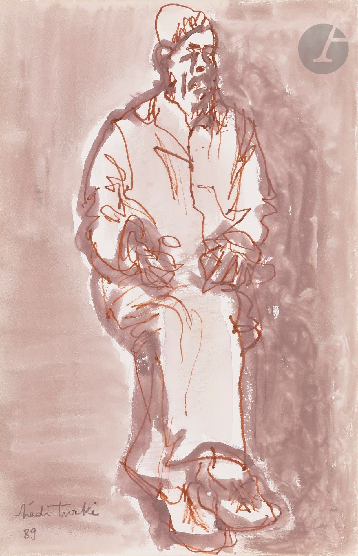 Hedi TURKI [tunisien] (1922-2019)
Vieillard assis, 1989
Aquarelle et encre brune.
Signée et datée en bas à gauche.
48 x 32 cm