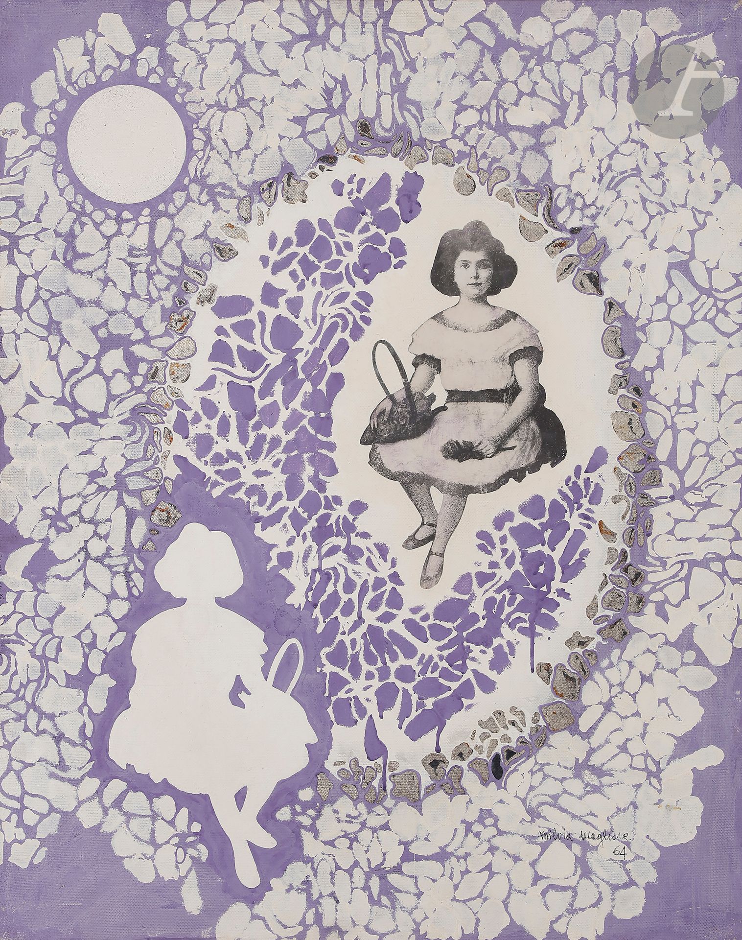 Milvia MAGLIONE [italienne] (1934-2010)
Lo Specchio magico, 1964
Acrylique et collage sur toile.
Signée et datée en bas à droite.
(ex coll José Pierre) 
92 x 73 cm

Provenance : 
Collection Nicole et José Pierre, Vente Maître Morel, Hôtel Drouot, Paris, 4 mars 2011, n°227. 

Expositions : 
- Premio Marche, Ancona, 1964 (étiquette au dos sur le châssis)
- Le Belvédère de Mandiargues, galerie Artcurial, Paris, mai-juillet 1990, reproduit p.  124 du catalogue (étiquette au dos sur le châssis).