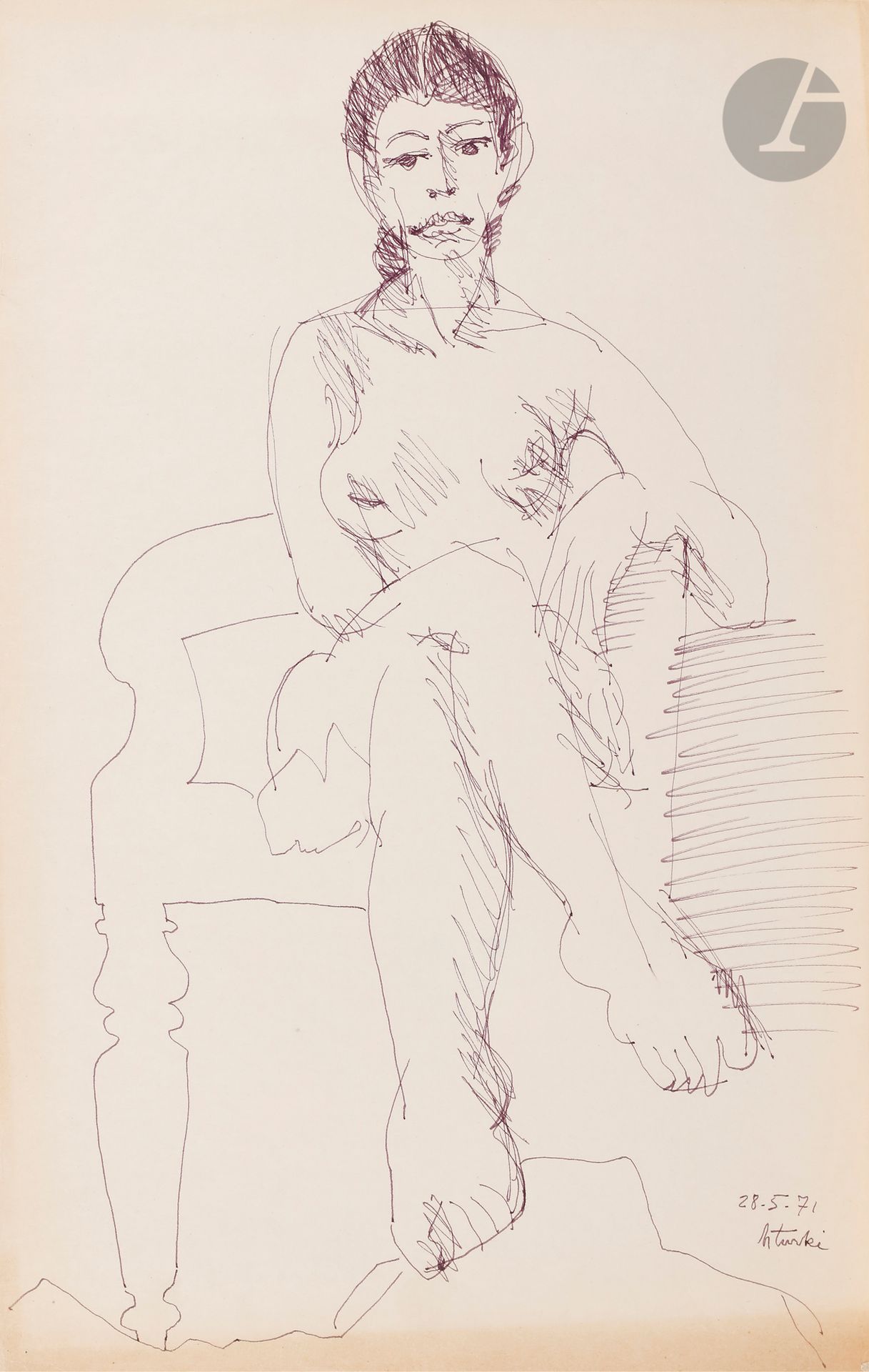 Hedi TURKI [tunisien] (1922-2019)
Nu au fauteuil, 1971
Encre bleue sur papier fort.
Signée et datée en bas à droite.
48 x 31.5 cm