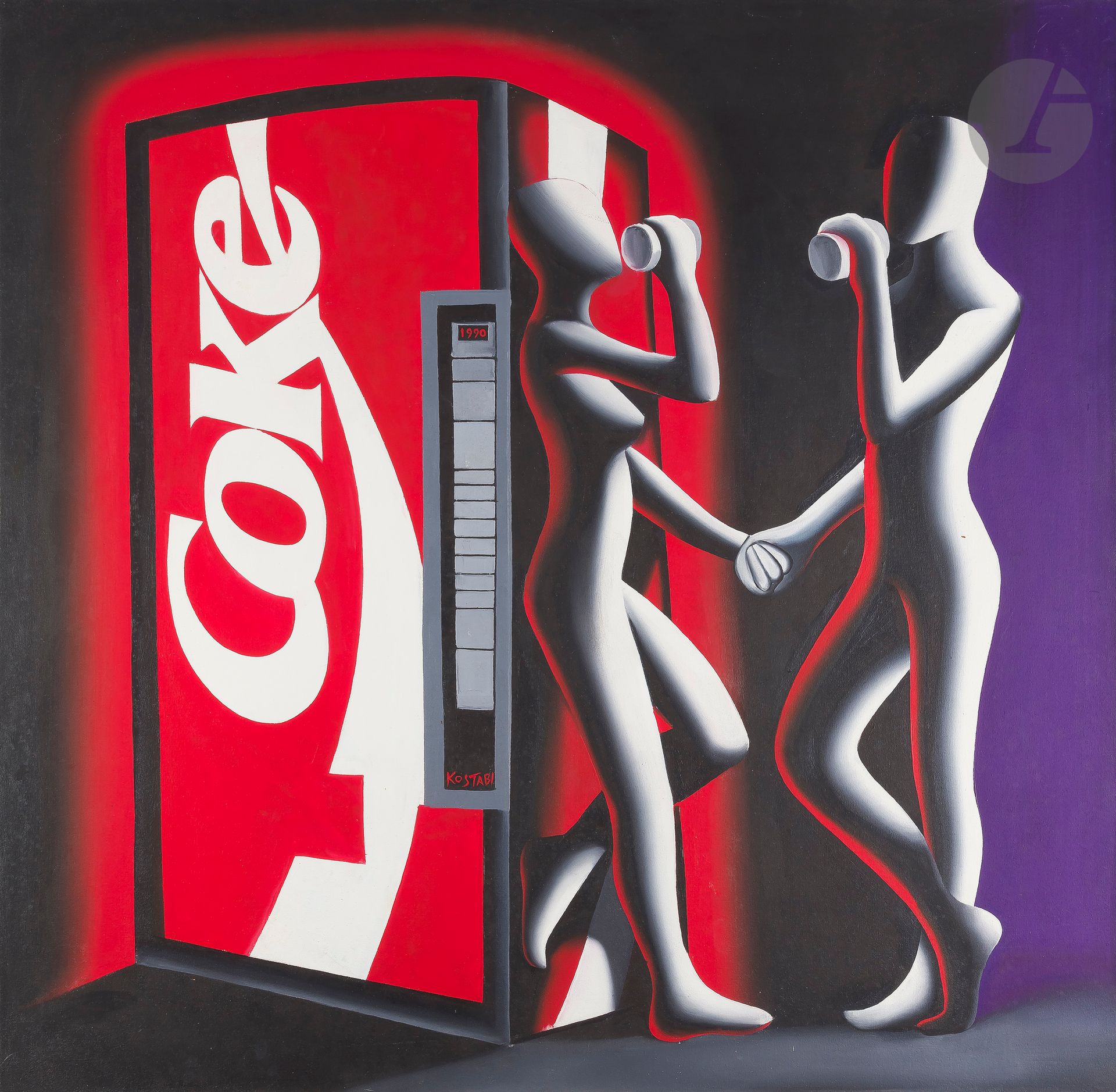 Mark KOSTABI [American] (born 1960
)The Courtship of America, 1990Acrylic
on canvas.
Signed, dated and titled on the back.
Signed and dated in the composition.
122 x 122 cm




