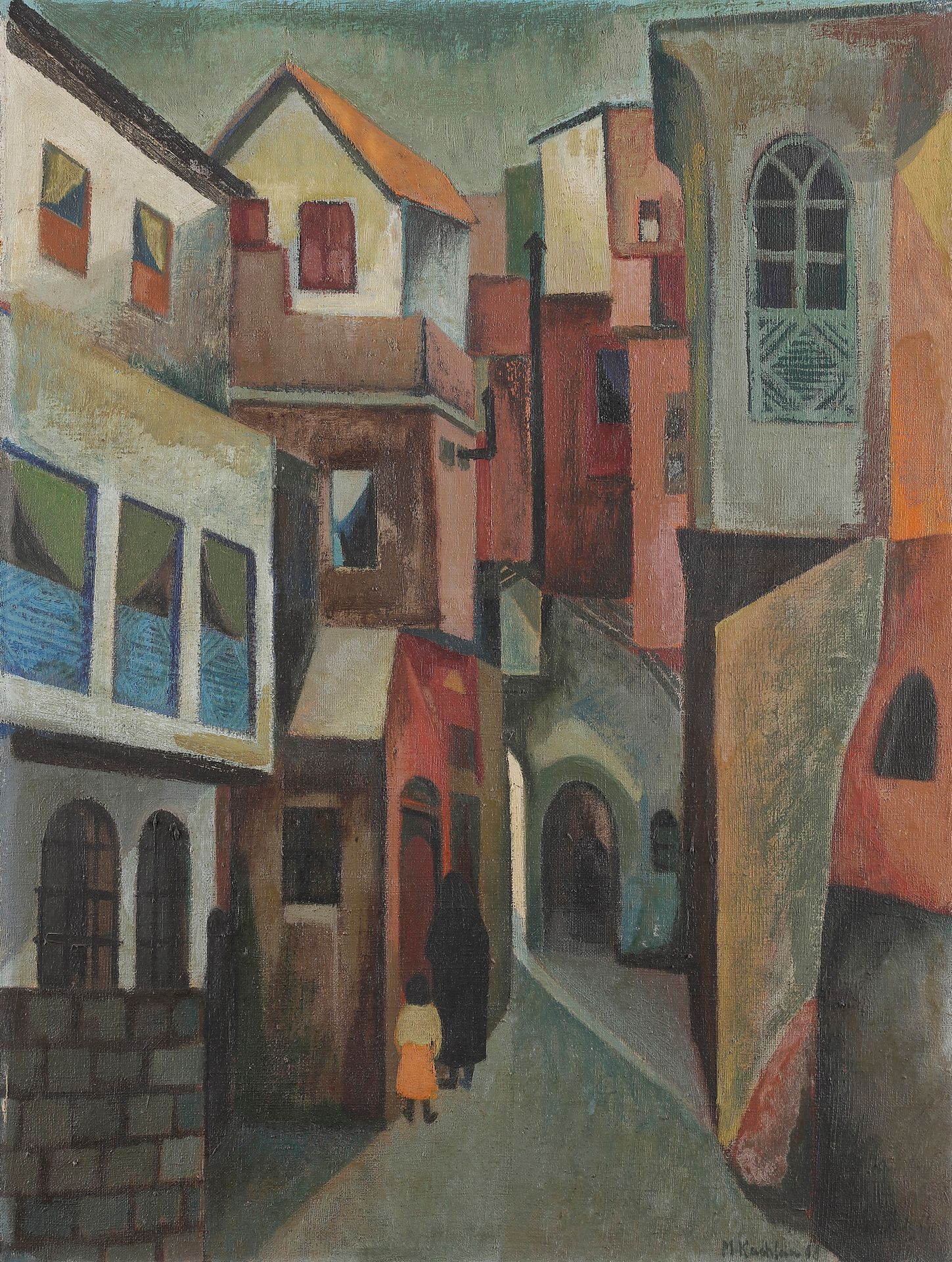 Mamdouh KASHLAN [syrien] (né en 1929)
Ruelle de Damas, 1968
Huile sur toile.
Signée et datée en bas à droite.
Signée, datée et titrée au dos en français et en arabe.
(Usures).
60 x 45 cm