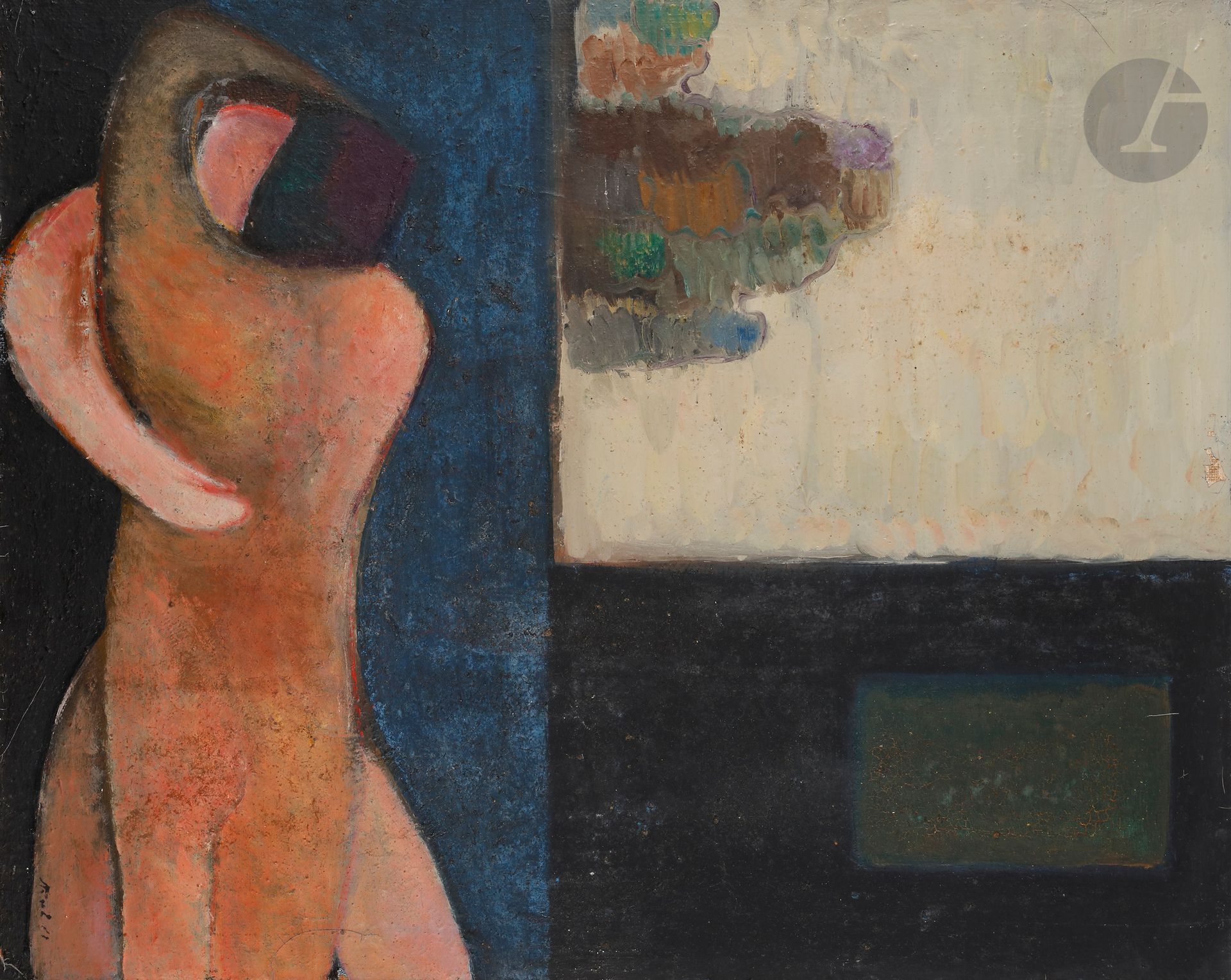 Sergio STOREL [italien] (1926-2017)
Le Couple
Huile sur toile marouflée sur toile.
Signée et datée en bas à gauche.
(Manques et craquelures).
73,5 x 92 cm

Provenance : 
Collection de Madame B.M., Paris, amie de l'artiste.