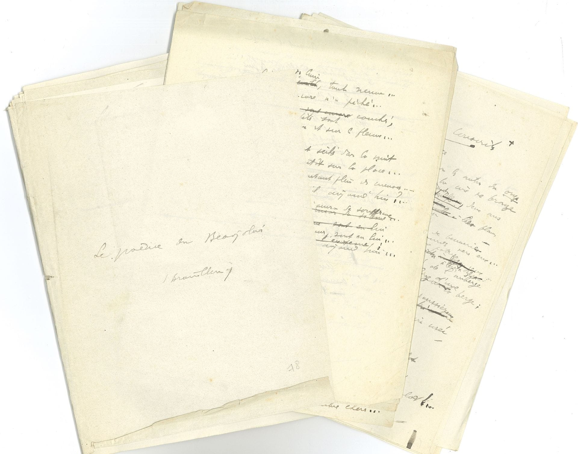 Pierre AGUÉTANT. Manuscrit autographe, Le Poème du Beaujolais, [1922] ; 133 pages petit in-4, et 37 pages in-8.

Brouillons et manuscrits de travail de ce recueil sur le Beaujolais, publié en 1922 chez G. Van Oest, avec une préface d’Hélène Vacaresco, et des illustrations d’E. Brouillard et P. Combet-Descombes.
Un premier brouillon, de tout premier jet, est abondamment raturé et corrigé (78 p.). Un second ensemble est une première mise au net, avec des ratures et corrections (55 p.). Un ensemble de 35 nouveaux poèmes, mis au net sur 37 p. in-8, avec quelques corrections (avec 2 poèmes impr. collés et corrigés), en vue d’une nouvelle édition.
On joint le manuscrit autographe signé de la lettre-préface d’Hélène Vacaresco (7 p. petit in-4, plus tapuscrit corrigé d’une addition en vue d’une nouvelle édition) ; et un exemplaire défait de l’édition originale corrigé en vue d’une réédition.