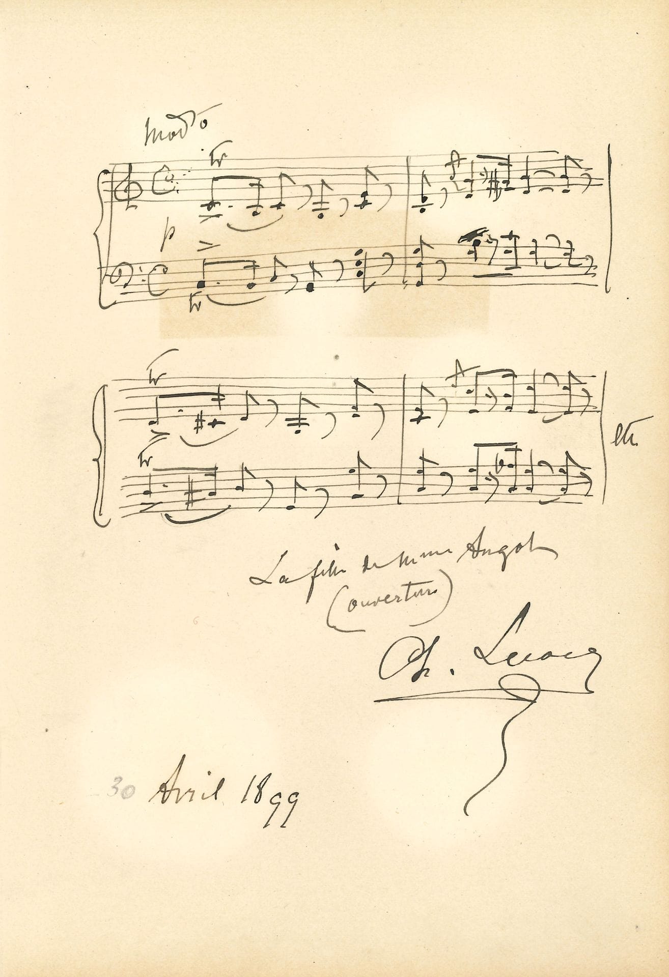 Charles LECOCQ (1832-1918). 2 L.A.S. et 1 P.A.S., 1881-1899 et sans date ; 3 pages in-8 et 1 page petit in-4 (petits défauts).

Paris 27 juin 1881, à une dame. « L’ouvrage que je ferai représenter cet hiver n’est pas intitulé La Petite Fée ainsi que l’ont par erreur annoncé les journaux. Pas une note encore n’en est écrite, et je n’ai encore pris aucun arrangement avec mon éditeur. D’habitude je lui vends la propriété pour l’Espagne et le Portugal où jusqu’à présent je n’ai touché que peu ou point de droits d’auteur »…. – Au sujet de La Mariée de Douarnenez : « Tout bien examiné, je crois qu’il n’y a rien à faire à la Gaîté »… Avril 1899. 4 mesures de « La Fille de Mme Angot (ouverture) ».