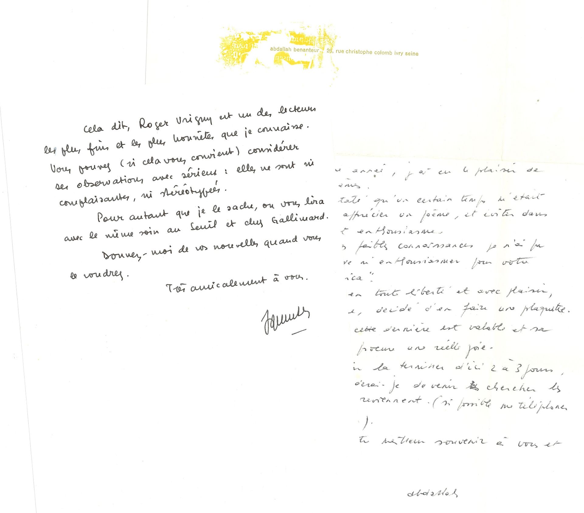 LITTÉRATURE. 9 L.A.S., adressées à Claire-Lise Charbonnier ; enveloppes.

Belles lettres sur les livres de C.L. Charbonnier. Abdallah Benanteur (2), Jacques Bens (3), André Malartre, Bernard Noël, Jean Rousselot.