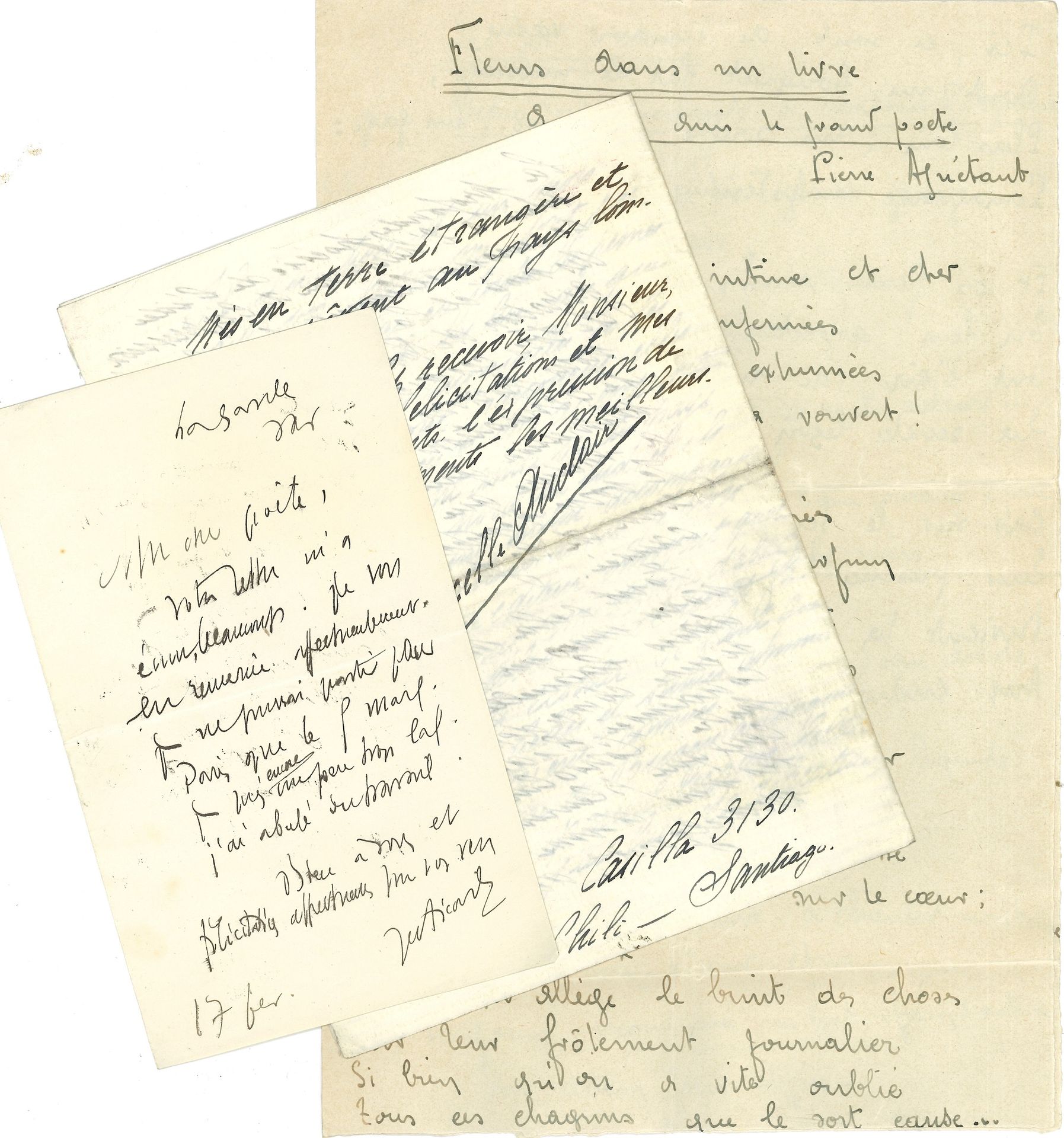 LITTÉRATURE. Environ 450 lettres ou pièces, la plupart L.A.S., adressées à Pierre AGUÉTANT.

[Pierre AGUÉTANT (1890-1940) originaire du Bugey, est l’auteur d’une quinzaine de recueils de poèmes (dont Le Poème du Bugey) et d’une douzaine de romans.]
Alcanter de Brahm, René d’Alsace, Marcelle Auclair, Jean Aicard (5), Jean Bach-Sisley, René Bastien, Lya Berger, Émile Blémont, Auguste Boisard, Abel Bonnard, Pierre de Bouchaud (22), Émile Boutroux, Adolphe Brisson (7), Paul Brulat (5), Jane Catulle-Mendès, Henri Carnoy, André Chagny, Pierre Chaine, Jean Charles-Brun, Robert Chauvelot, Judith Cladel (4), Jules Claretie, Julia Daudet (48), Lucien Daudet (3), Lucie Delarue-Mardrus (8), Auguste Dorchain (16), Jean Dornis, Marie-Louise Dromart, Henry Dubessy (poème), Jean Dufourt (7), André Dumas, Armand Duréault (9), Paul Duvivier, Eugène Fasquelle, O.W. Firkins, Henri Focillon, M.E. Frandon (poèmes avec aquarelles), André Foulon de Vaulx (4), Auguste Garnier, Gustave Gasser, Fernand Gregh, Maurice Grivet-Richard (5), Suzette Guillaud, Guillot de Saix, Pierre Halary, Edmond Haraucourt, Paul Harel, Myriam Harry (5), Eugène Hollande (8), Léon Lahovary (22, plus 2 tapuscrits corrigés), Blanche Lamontagne-Beauregard, Camille Latreille, Robert de La Villehervé, Gustave Le Bon, Georges Lecomte, Eugène Le Mouël, Camille Le Senne, Jules Lévy, Joseph Lhopital, Roland de Marès, Victor Margueritte, Victor-Émile Michelet, Pol Neveux, Anna de Noailles, Georges Normandy (31, plus 2 photos dédic.), Jean Nouaillac (8), Martial Paufique, Achille Paysant (16), Cécile Périn, Gaston Picard, Charles de Pomairols (5), Ernest Prévost, Henri de Régnier, duchesse de Rohan, J.H. Rosny aîné, Maurice Rostand, Joseph Serre, Marcelle Tinayre (3), Hélène Vacaresco (80), Benjamin Vallotton (14), J. Valmy-Baysse, Jean Vermorel (5), Marie-Louise Vignon, René Violaines, Claire Virenque (8), Gérard Walch (8, plus le projet de l’article sur Aguétant dans son Anthologie des poètes contemporains), Colette Yver, Léontine Zanta, etc.