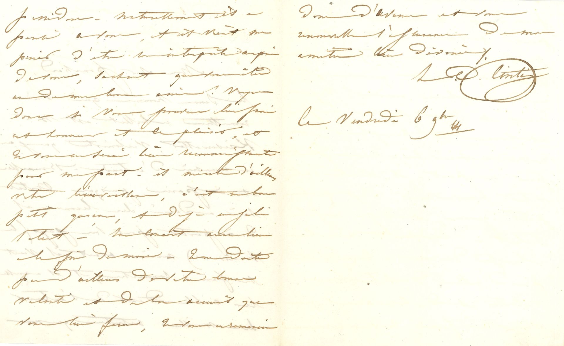 Laure DAMOREAU-CINTI (1801-1863). L.A.S., 6 novembre 1844, au ténor Ponchard ; 2 pages et demi in-12.

 La cantatrice intervient en faveur d’un violoniste du Hanovre, Krisewetter : « Artot lui a donné des leçons. Il doit partir pour son pays (le Hanôvre) mais avant il veut se faire connaître, et il a aussi le noble désir de s’entourer des meilleurs artistes que nous possédons [...] c’est un bon petit garçon, et déjà un joli talent. Son concert aura lieu à la fin du mois »...