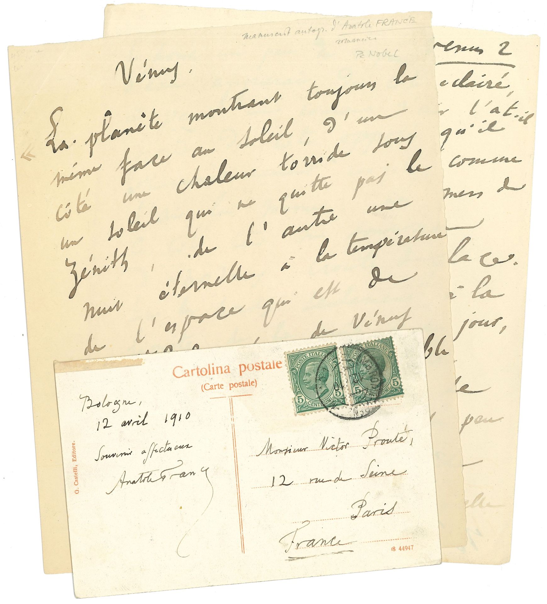 Anatole FRANCE (1844-1924). Manuscrit autographe, Vénus ; 2 pages petit in-4.

 Les températures extrêmes des deux faces de la planète « font de Vénus le séjour le plus abominable et le plus impropre à l’homme : « Si donc un peu de vapeur d’eau apparaît du côté éclairé, à peine un courant d’air l’a-t-il porté du côté opposé qu’il est immédiatement congelé, comme l’air lui-même. Les mers de ce côté-là ne sont que d’énormes croutes de glace. »…
On joint une carte postale (tableau de Guido Reni), Bologne 12 avril 1910, souvenir à Victor Prouté.