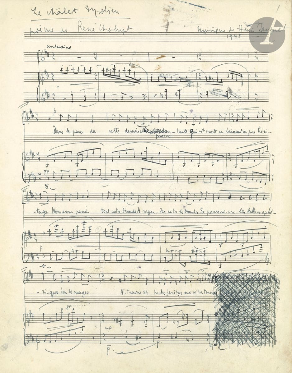 Henri SAUGUET (1901-1989). Autograph musical manuscript, Le chalet tyrolien, 1948; title and 6 pages in-fol.

Melody on a poem by René Chalupt: " Dans le parc de cette demoiselle protestante "... In D major, at 3/4, it is marked Andantino.
The manuscript, in black ink on 16-line paper, is dated at the end " Coutras, September 1948 "; it presents two crossed-out bars. On the title page, this melody is dedicated " to Joseph Weterings ".
A copy by Ch. Delsaux is attached.