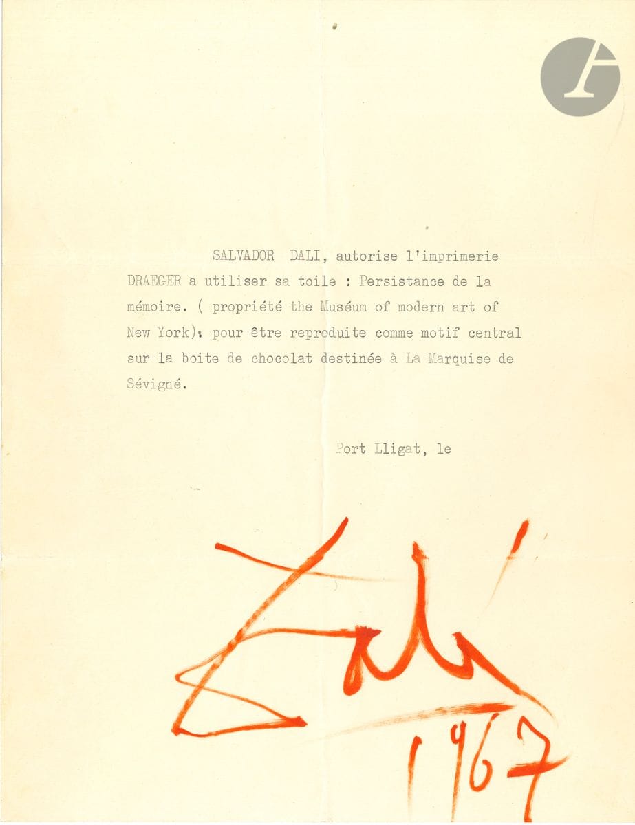 Salvador DALI (1904-1989). P.S. avec date autographe « Dali 1967 », Port Lligat 1967 ; 1 page in-4 dactylographiée, grande signature à l’encre orange (plis).

Il autorise l’imprimerie Draeger à utiliser sa toile Persistance de la mémoire, appartenant au Museum of Modern Art de NewYork, « pour être reproduite comme motif central sur la boîte de chocolat destinée à la Marquise de Sévigné ».