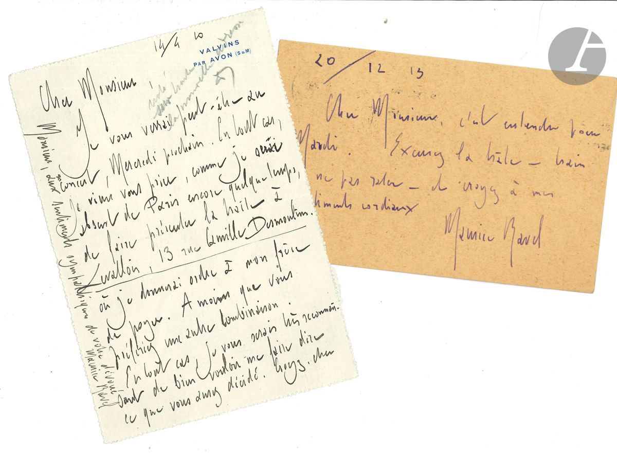 Maurice RAVEL. L.A.S., Valvins 14 avril 1910, à Eugène Gaveau, facteur de pianos ; 1 page in-12, adresse.

Il ne sait s’il le verra au concert mercredi. Il doit s’absenter de Paris, et demande d’envoyer la traite à Levallois, où son frère la paiera…
On joint une petite L.A.S. à René Chalupt, [Londres] 20 / 12 1913 (carte obl. in-12, adr. au dos) ; plus un fac-similé et une copie de lettre.