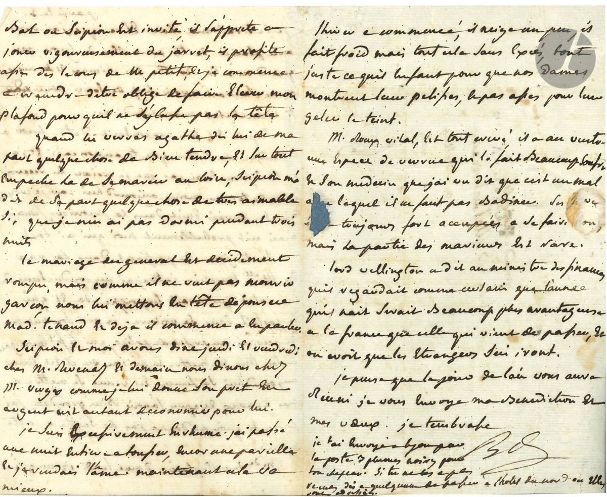 Anthelme BRILLAT-SAVARIN (1755-1826) magistrat et gastronome. L.A.S. « BS », Paris le 3 [février 1816 ?], à sa nièce Élisabeth Brillat des Terreaux, à Belley (Ain) ; 3 pages in-8, adresse (petite déchirure par bris de cachet, montage ancien sur papier bleu).

Il a reçu avec plaisir de ses nouvelles de Lyon, « car quand on a en routte des chiennes et des nieces on ne saurait avoir trop de souci pour de si chanceuses marchandises »... Il raconte une aventure concernant sa chienne Ida : « L’autre jour en passant dans la rue de Melle Templier j’attrapai un conducteur de cabriolet qui avait empoigné Ida et qui la portait dans sa voiture. Je pris son numero et jecrivis au prefet de police, qui le fit empoigner a son tour et mettre en prison ou il est encor aujourd’hui sa femme est venue se mettre a mes genoux et apres l’avoir bien grondée, j’ai consenti qu’on ne donne pas de suitte a cette affaire »… Il parle avec humour de son frère Scipion, qui « s’apprete a jouer vigoureusement du jarret » au bal de Mme de Villeplaine, et qui lui a rapporté quelque chose de si aimable de la part d’Agathe, qu’il n’en a pas dormi pendant trois nuits. Il donne des nouvelles de quelques amis : le général qui ne veut pas mourir garçon, MM. Revenaz, Vergèz, Roux Vital, etc. « Lord Wellington a dit au ministre des finances quil regardait comme certain que l’annee qui nait serait beaucoup plus avantageuse a la France que celle qui vient de passer, et on croit que les étrangers s’en iront. Je pense que le jour de l’an vous aura réuni je vous envoye ma benediction et mes vœux »…