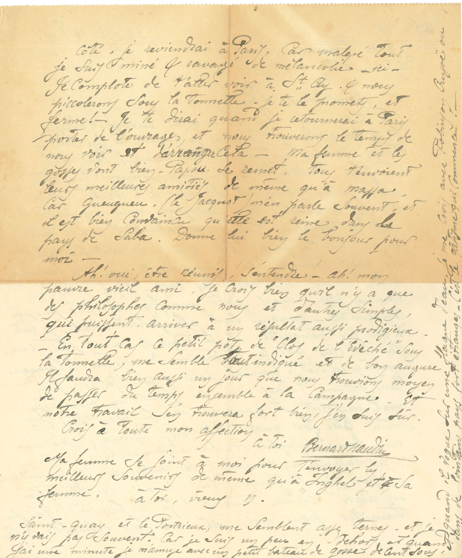 Bernard NAUDIN (1876-1946). L.A.S., Saint-Quay-Portrieux 28 mai 1918, à Steinlen ; 2 pages in-4 (légère brunissure à la 2e page).

Il est venu pour se reposer mais se sent « affreusement seul. Je reste à peu près tranquille, et le travail va un petit peu. J’ai mis sur pied les illustrations du Neveu de Rameau mais qui est-ce que je prendrai pour graver ça (!!) […] J’avais des illustrations en retard (comme toujours) Je les liquide. J’ai pu travailler pour moi, et une fois débrouillé de ce côté, je reviendrai à Paris, car malgré tout je suis miné & ravagé de mélancolie – ici ». Il ira le voir à Saint-Ay « & nous piccolerons sous la tonnelle. […] Ah ! oui, être réunis, – s’entendre– Ah ! mon pauvre vieil ami. Je crois bien qu’il n’y a que nous et d’autres simples qui puissent arriver à un résultat aussi prodigieux »…