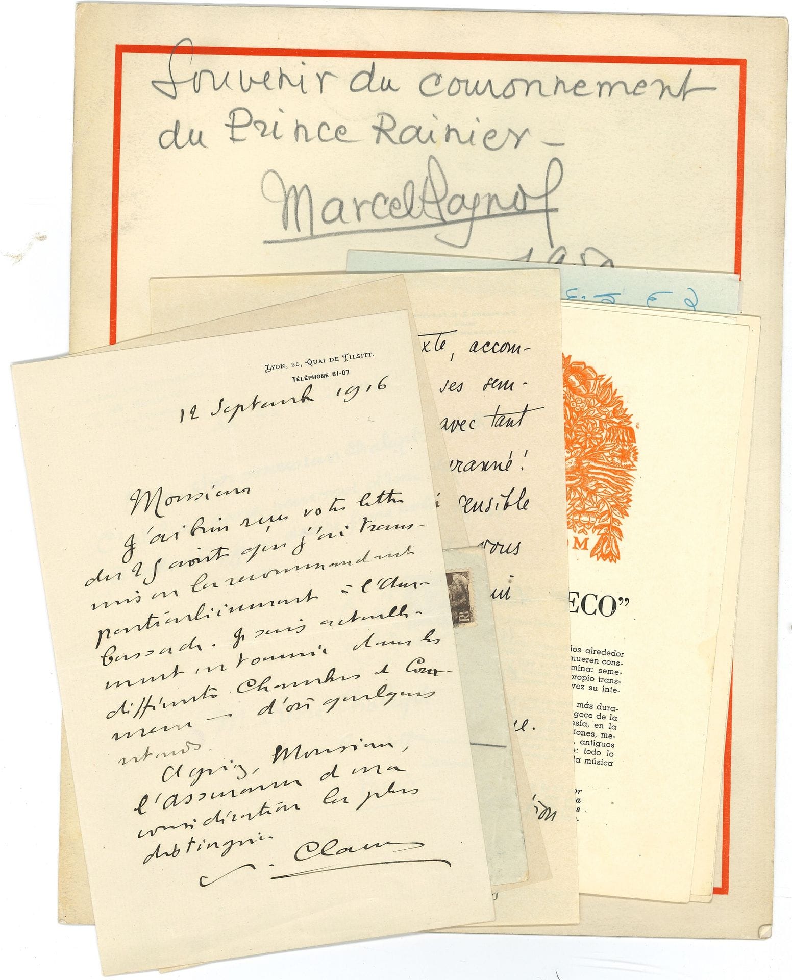 LITTÉRATURE. 30 lettres, la plupart L.A.S., adressées à René ou Linette Chalupt.

 Gérard Bauër, Dr E. Bonniot, Marcel Boulenger, A. Bouquet de la Grye, Paul Bourget, Philippe Chabaneix, Édouard Champion, Paul Claudel (2), E.R. Curtius, Daniel Devoto (3), Édouard DRumot, Émile Faguet, Paul Fort, André Gide, Francis Jammes, Jacques de Lacretelle (2), Henri Lavedan, Jules Lemaitre, Jean Loize, Henry de Madaillan, Adrien Mithouard, Nancy Mitford, Marcel Pagnol (dédicace sur un programme pour le couronnement du Prince Rainier), Tristan Sauvage, etc. On joint 3 l.a.s. par Ed. Bonnefous, Dominique Lapierre, Alejo Vidal-Quadras