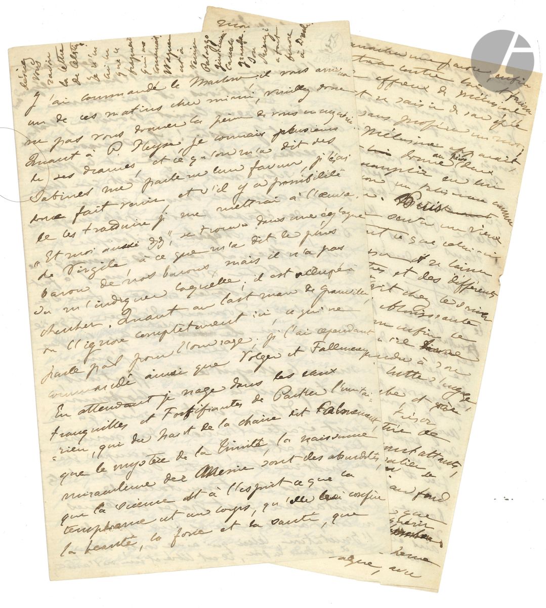 Cosima WAGNER (1837-1930) fille de Liszt et de Marie d’Agoult, femme de Richard Wagner : L.A.S. « votre petit Pourquoi », [Berlin mi-novembre 1858], à « cher mimi » [Marie d’AGOULT] ; 6 pages in-8.

Longue lettre à sa mère.
Elle parle d’abord de divers ouvrages qu’elle a commandés, dont les Sabines de Paul HEYSE, qu’elle traduira peut-être. Elle est plongée « dans les eaux tranquilles et fortifiantes » du théologien anglais Theodore PARKER, « l’unitairien, qui du haut de la chaire dit calmement, que le mystère de la Trinité, la naissance miraculeuse du Messie sont des absurdités, que la science est à l’esprit ce que la tempérance est au corps, qu’elle lui confère la beauté, la force et la santé, que les institutions doivent être dépendantes de l’homme et jamais l’homme, dépendant de ces institutions, et qui nomme en même temps Jésus Christ, Bouddha, Mahomet Platon et Zoroastre ! Son sermon sur la recherche de la vérité est le plus beau, selon moi, il y soutient que chaque progrès accompli dans la science est une des étapes de notre pèlerinage vers Dieu, et que tout philosophe ou tout mathématicien, lors même qu’il a nié l’être suprême, ne l’a fait que pour protester contre le faux Dieu qu’on lui ordonnait d’adorer, et qu’il a reconnu le vrai créateur malgré lui par ses actes et ses découvertes »… Puis elle évoque la « visite de famille » de la Reine Victoria à Berlin, les prochaines élections, et la nomination à la direction des Cultes de Bethmann-Hollweg, « homme très éclairé et très tolérant », de Charles Dollfus. Elle ne vient à « madame Mélusine qui m’a volé plusieurs nuits, en vilaine fée qu’elle est. D’abord Tieck et Schwab sont de grossiers Allemands, qui n’imaginent rien de mieux que de vous conter de prime abord le mariage de la syrène, et puis les naissances consécutives de 10 enfants, dont ils détaillent les vies et les aventures, pour terminer en deux lignes, et dire tout crûment qu’un samedi Raymond a découvert Mélusine dans son bain, qu’elle l’a appris, et qu’elle s’est séparée de lui à jamais. Vous pouvez vous figurer ma colère à la lecture de ces récits dont il n’y a à prendre que la description du mariage dans la forêt enchantée, parce qu’elle est faite avec beaucoup de charme d’imagination, et une grande poésie de détails ». Elle raconte alors trois aventures de Mélusine qu’elle a imaginées. Puis elle en vient au Faust de GOETHE, et au livre de Dinger indiquant « toutes les sources où le g[ran]d poëte a puisé ». Son mari, Hans von BULOW, « le petit chat-tigre », vient de « composer pour le concerto en sol de B[eethoven] une cadence que je trouve fort ingénieuse et fort belle ». Elle ajoute que WAGNER est à Venise : « Son Rienzi a fait furore à Dresde ».