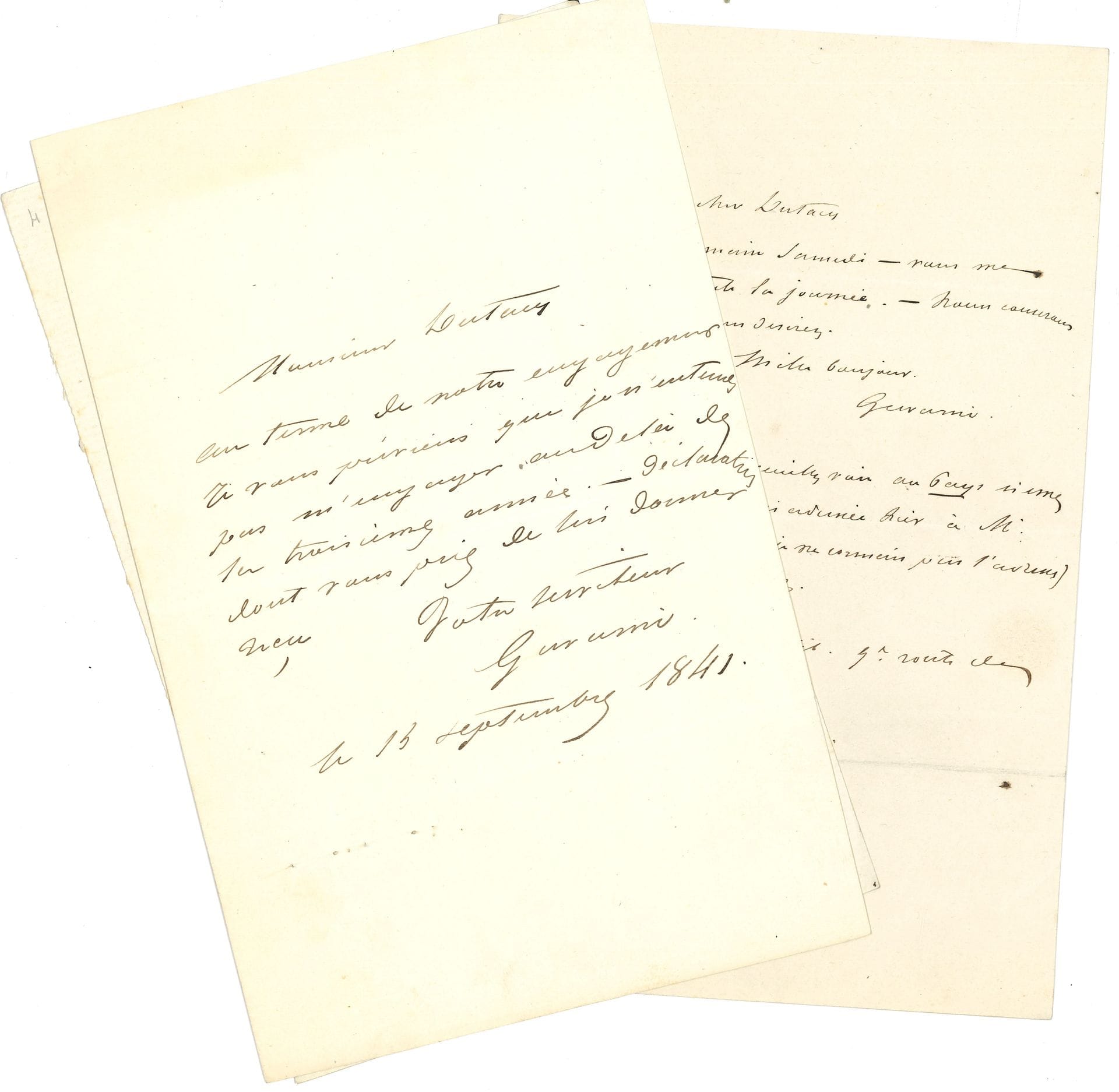 Paul GAVARNI (1804-1866). 3 L.A.S., s.d. et 15 septembre 1841, à Armand Dutacq ; 1 page in-8 chaque.

Pour des rendez-vous donnés ou manqués ; en septembre 1841, il prévient, au terme de leur engagement : « je ne veux pas m’engager au-delà de la troisième année »..