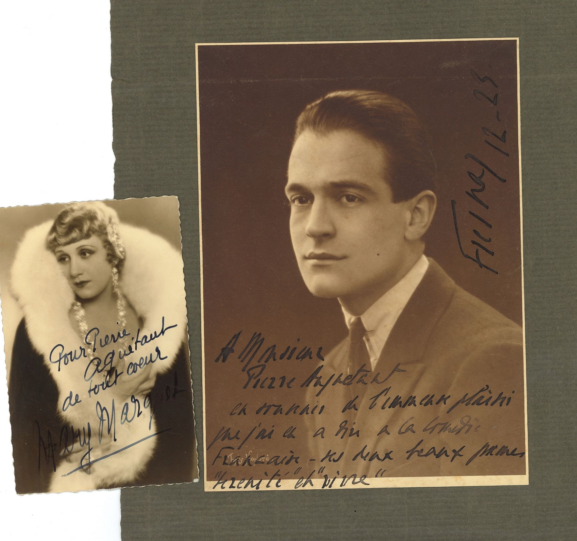 THÉÂTRE. 32 lettres ou pièces, la plupart L.A.S., adressées au poète et romancier Pierre AGUÉTANT.

Émile Albert, Julia Bartet (photo dédic.), Henriette Barreau (photo dédic.), Léon Bernard (2), Janine Borelli (grande photo dédic.), Béatrice Bretty (grande photo dédic.), Pierre Fresnay (grande photo dédic.), Jacques Grétillat (grande photo dédic.), Irma Grignon-Faintrenie, Marguerite Moreno (2), Roger Monteaux (photo dédic.), Mary Marquet (6, et photo dédic.), Madeleine Roch (2), Jules Truffier (8), Charles Vanel…