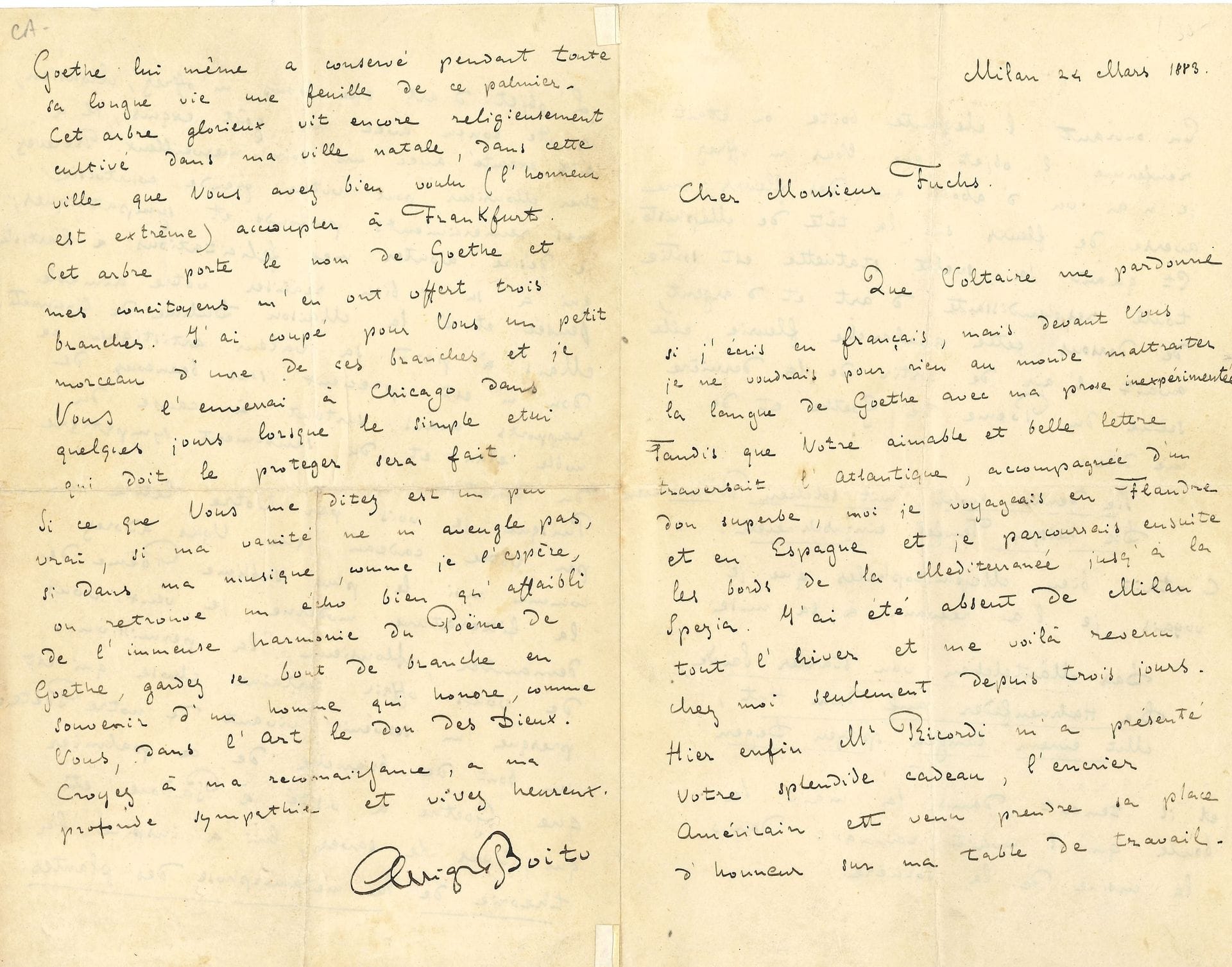 Arrigo BOÏTO (1842-1918). L.A.S., Milan 24 mars 1883, à Gustave Fuchs à Chicago ; 4 pages in-8, enveloppe avec cachets cire rouge.

Belle lettre remerciant pour l’envoi d’un encrier représentant Faust, et sur son opéra Mefistofele.
Il remercie pour ce splendide cadeau, reçu à son retour de Flandre et d’Espagne : « l’encrier Américain est venu prendre sa place d’honneur sur ma table de travail ». En ouvrant la boîte, il n’a d’abord vu qu’une « avalanche de fleurs sur la tête de Méphisto ». En sortant la statuette « toute resplendissante d’art et d’argent, […] elle avait l’air de sortir de la dernière scène du Poëme de Goethe », dont Boïto cite quelques vers. Il remercie pour cet objet d’art, d’un goût exquis, et envoie ses félicitations à l’artiste et à la maison Duhme de Cincinnati. En échange, et au nom de leur adoration commune pour l’œuvre de Goethe, « le plus sublime Poëme de la littérature moderne », il désire lui offrir « un bout de ce palmier que Goethe a visité à Padoue et qui, vous le savez, lui a inspiré la théorie de la métamorphose des plantes. Goethe lui-même a conservé pendant toute sa longue vie une feuille de ce palmier. Cet arbre vit encore, religieusement cultivé dans ma ville natale […] Cet arbre porte le nom de Goethe et mes concitoyens m’en ont offert trois branches », dont il a coupé le petit morceau qu’il va lui envoyer dans un étui… « si ma vanité ne m’aveugle pas, si dans ma musique, comme je l’espère, on retrouve un écho bien qu’affaibli de l’immense harmonie du Poëme de Goethe, gardez ce bout de branche en souvenir d’un homme qui honore, comme vous, dans l’art le don des Dieux »…