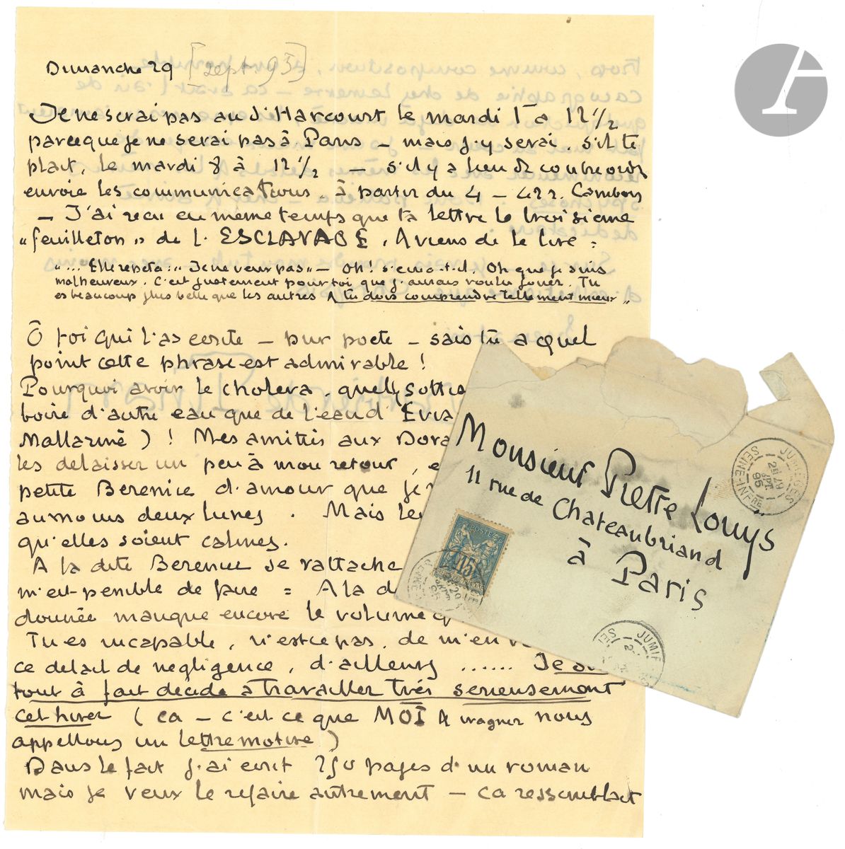 Jean de TINAN (1874-1898). 14 L.A.S., 1895-1898, à Pierre Louÿs ; 35 pages in-8 ou in-4, enveloppes.


Très belle correspondance, amicale et littéraire, à Pierre Louÿs, parlant aussi de leurs maîtresses.
1895. – 29 septembre. Il vient de lire la 3e livraison de L’Esclavage de Louÿs, et dit son admiration au « pur poète »… Il ajoute : « Pourquoi avoir le choléra, quelle sottise – pourquoi boire d’autre eau que de l’eau d’Évian (selon Monsieur Mallarmé) ! » Il est « muni d’une petite Bérénice d’amour que je vais adorer pendant au moins deux lunes. […] À la dédicace que je t’ai donnée manque encore le volume qu’elle ornerait. Tu es incapable, n’est-ce pas, de m’en vouloir de ce détail de négligence, d’ailleurs... Je suis tout à fait décidé à travailler très sérieusement cet hiver (ça – c’est ce que MOI et Wagner nous appelons un lettre-motive). Dans le fait j’ai écrit 250 pages d’un roman [L’Insatisfait] mais je veux le refaire autrement – ça ressemblait trop, comme composition, à une horrible cacographie de chez Lemerre – ça avait l’air de quelque chose de déjà mâché, les épreuves m’auraient fait mal au cœur – j’aime mieux essayer de recommencer avec les mêmes détails et les mêmes spsychoses. Donc patience – cher et aimé dédicataire »... – Mardi [3 décembre]. Dispute avec André Lebey (au sujet d’une femme) : « Je suis persuadé qu’il ne s’est pas plus rendu compte de sa mauvaise foi et de son insupportable conduite de tout à l’heure qu’il ne s’était rendu compte de l’étrangeté de son attitude d’hier soir – mais comme je l’aime beaucoup trop pour que ces choses-là ne me fassent pas beaucoup souffrir, je préfère, en ne conservant avec lui que des relations de rencontre, éviter que d’autres aigreurs et d’autres froissements ne viennent ternir le souvenir qu’il me plaît de conserver meilleur d’un des êtres que j’ai certainement le plus aimés. Je te demande pardon de t’ennuyer de mes chagrins, mais j’en ai vraiment trop gros sur le cœur pour ne pas le dire à quelqu’un »…
1896. – 10 février. Au sujet de la revue Le Centaure. « Nous avons fondé une revue de jeunes gens à rédaction fermée, puis, désireux de compter parmi nous deux amis dont le caractère et le talent nous étaient particulièrement sympathiques nous les avons priés de se joindre à nous. Aujourd’hui on songe à en prier un troisième [Viélé-Griffin]. Je ne suis pas d’avis qu’il faille le faire. Deux choses sont je crois néfastes à des littérateurs qui débutent : la politesse et la faiblesse. L’exemple de nos aînés nous enseigne que c’est seulement par une intransigeance très active que nous pourrons obtenir un résultat. Je suis persuadé que c’est par des compromissions sans plus d’importance apparente que celle que l’on nous propose qu’ils ont manqué à tirer tout le parti qu’il fallait des admirables dons que nous aimons chez plusieurs d’entre eux. Je crois que nous sommes tous les quatre : Albert Lebey toi et moi d’accord sur ce point : nous n’aimons pas le talent de Francis Vielé-Griffin. Que ce soit une question d’Esthétique générale ou d’exécution et de genre de talent personnelles peu importe. C’est un fait. […] Nous sommes amis tous (ou presque) à la revue, tant mieux ; mais en collaboration les amis de nos amis ne sont pas nos amis »… – Montigny sur Loing 26 février. Il l’invite à le rejoindre : « (Amène Chrysis pour chauffer ton lit.) Nota bene. […] Mon collage prenant fin lundi ou mardi tu me serais très utile (sinon pour chauffer mon lit) au moins pour m’empêcher de m’emmerder dans la journée. – Belles promenades ! Paysages grandioses ! Prix modérés ! Matelottes et fritures ! Vins à discrétion ! […] Je fais du d’Annunzio plus d’Annunzio que Nature. J’ai achevé hier soir un chapitre “Pourquoi m’as-tu aimée ?” qui est tout à fait pur. Je fonde à moi tout seul le NéoAnnunziorisme. Il a plagié Péladan ! Je plagierai Jules Bois ! Blague à part mon roman [Penses-tu réussir !] est incontestablement une des deux ou trois œuvres vraiment humaines intenses et vibrantes qui aient été écrites depuis vingt-cinq siècles. Une langue particulièrement riche souple et sensuellement nuancée met dans tout leur relief les nobles et belles pensées les géniales images qui coulent blenhorragiquement de ma plume. Je peux dès à présent me considérer comme le maître incontestable et incontesté du roman contemporain et l’on est en droit d’espérer plus que du génie de celui qui si jeune a su effleurer de son aile puissante les cimes les plus neigeuses de la sensibilité et de la pensée humaine »... – Samedi [29 février]. « Jeanne m’a quitté plus tôt que je ne pensais sans faire à ma générosité l’appel auquel je m’attendais. – J’avais à choisir entre mon amour.r.r.r. qui me disait “retiens-la” et ma bourse qui soufflait : “Elle t’a dit : je voudrais bien rester, mais tu comprends, je dois plus de deux cents francs”. J’ai cru de mon devoir de ne pas entraver la liberté du travail. D’ailleurs – ô grand psychologue — tu l’as dit (tout au moins tu as l’intention de l