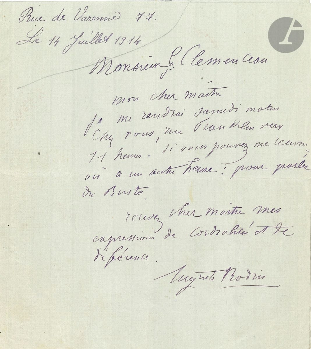 Auguste RODIN (1840-1917). L.A.S., 14 juillet 1914, à Georges Clemenceau ; 1 page in-8.

Il se rendra chez lui, rue Franklin, samedi matin à 11 heures « pour parler du buste »...