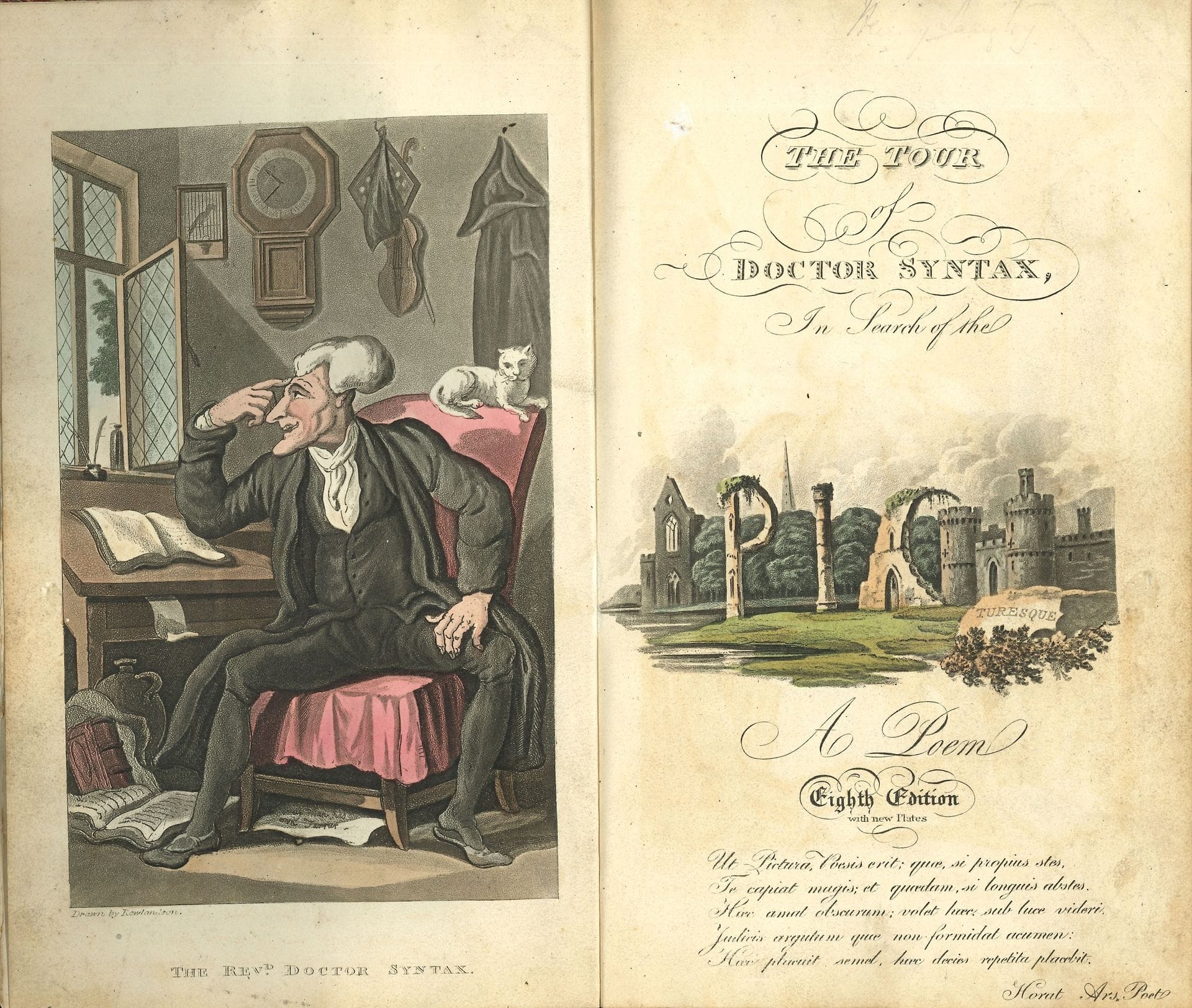 William COMBE (1742-1823). The Tour of Doctor Syntax in search of the Picturesque. A Poem. Eighth Edition with new plates [London, R. Ackermann, 1819]; in-8, demi-chagrin noir à coins (reliure usagée).

29 planches en couleur, dessinées et gravées par Thomas Rowlandson, plusieurs planches portant la date de publication (1816 ou 1819) et le nom de l’éditeur : R. Ackermann’s Respository of Arts.