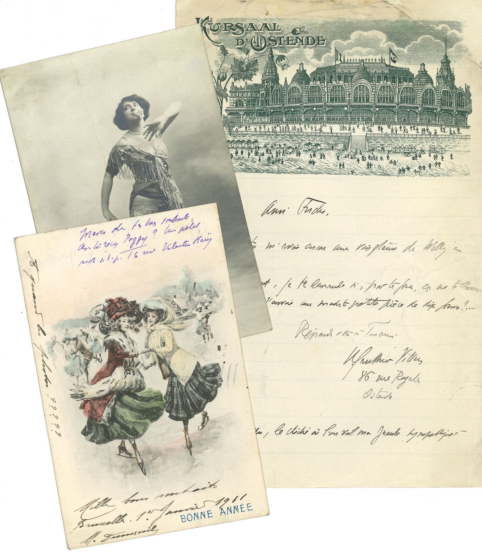 WILLY (1859-1931). 7 L.A.S. ou cartes à Paul Fuchs ; formats divers (2 cartes postales), plus 3 enveloppes.

D’Ostende (en-tête avec vignette du Kursaal d’Ostende), il réclame des photos « de Willy en auto […] Bien entendu, le cliché où l’on voit ma gueule sympathique à la portière ! » De Forges-les-Eaux, au sujet d’un vicomte : Meg conjure Fuchs « ne point parler d’Ethel la milliardaire à ce gentilhomme qu’elle croit dangereusement bavard »... Sur l’envoi de ses Souvenirs littéraires… Il est « à peu près sûr de faire jouer notre acte à la Monnaie »… A-t-il reçu Peggy [Les Imprudences de Peggy, de Meg Villars (traduit par Willy)] ?... Etc.
On joint 10 L.A.S. de Madeleine de Swarte (1885-1951, secrétaire, collaboratrice et maîtresse de Willy) à Paul Fuchs (dont 2 cartes post.), au sujet de photographies, de l’envoi d’une « lettre de l’Ouvreuse », de Willy « assez embarrassé au point de vue “vestimentaire” – comme il dit – ne possédant pour l’instant qu’un complet veston fatigué et un complet jaquette encore plus las »…, de Marseille : « c’est tout plein beau… c’est plein d’huîtres et de moules… et de grecs… et de bien des choses. – On mange de la bouillabaisse et on a de belles chambres devant la mer […] Secret professionnel comme à F. les Eaux. Faut pas qu’on sache que je suis à Marseille »…
