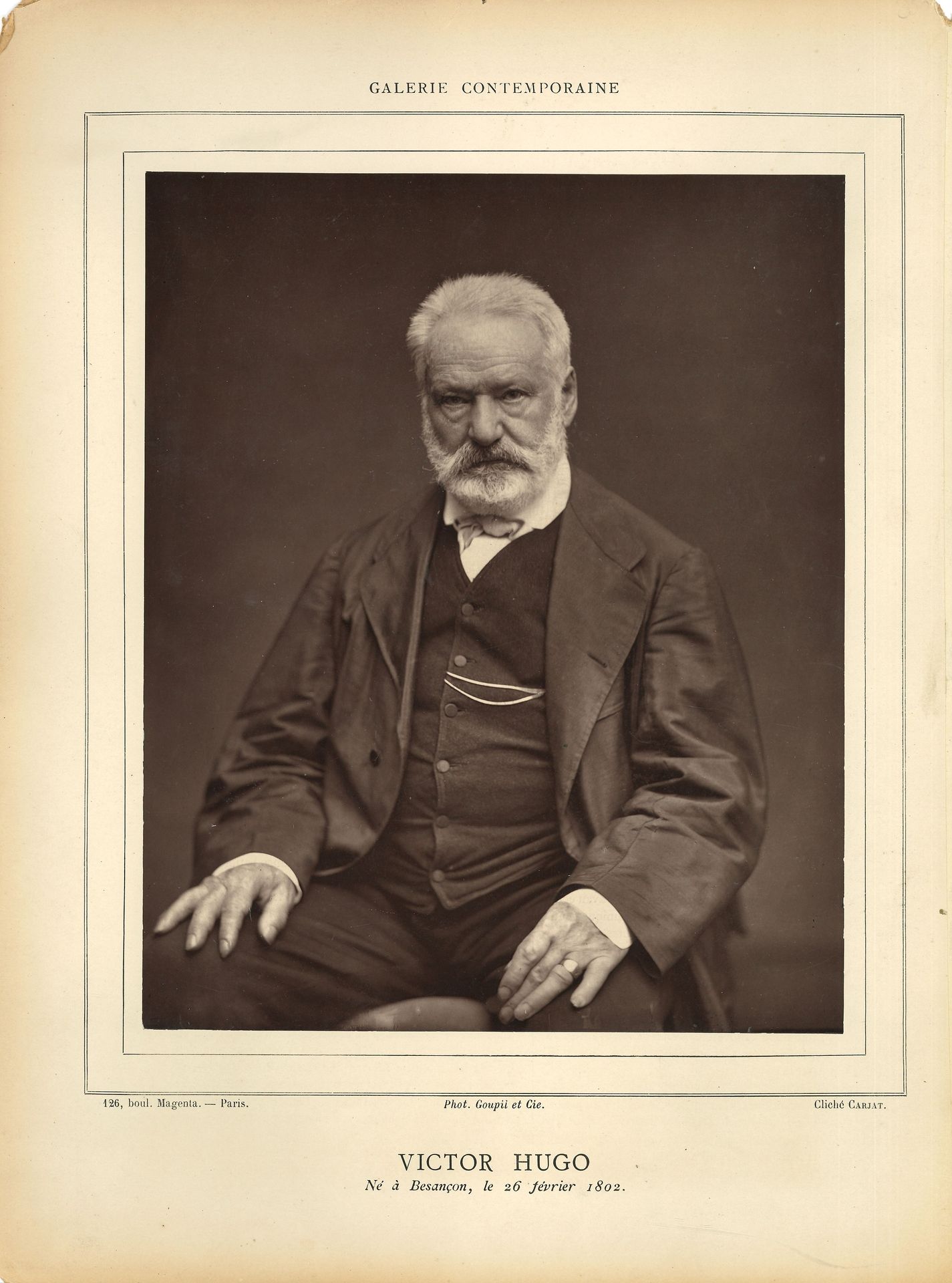 LITERATURE. 7 photographs for the Contemporary Gallery; in-4.

Th. de Banville, A. Dumas fils, E. de Girardin, V. Hugo (by Carjat), J. Méry, J. Michelet, Sainte-Beuve, V. Sardou.
Photos of Claude Bernard, G. Eiffel, L. Pasteur, Viollet-le-Duc are included in the same series.