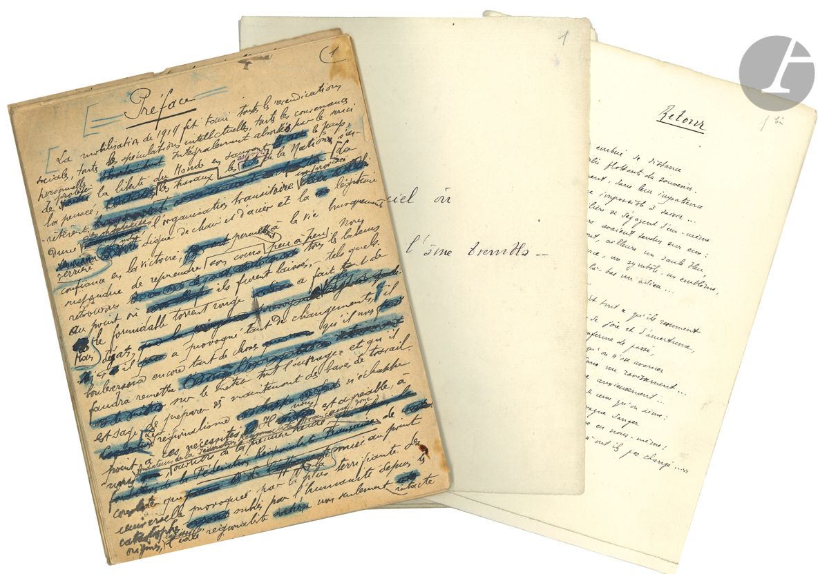 Pierre AGUÉTANT. Manuscrit autographe, Le Poème du Bugey, [1918] ; 136 pages petit in-4.

Manuscrit de ce recueil de poèmes sur son Bugey natal, publié en 1918 chez Alphonse Lemerre, illustré par Johannès Son, avec une préface de Georges Normandy.
Le manuscrit, soigneusement écrit à l’encre noire sur papier vergé filigrané, présente quelques ratures et corrections, avec quelques poèmes à l’encre bleue ajoutés. Il a dû servir pour l’impression.
On joint le manuscrit autographe signé de la Préface de Georges Normandy, abondamment raturé et corrigé (29 p.) ; plus le tapuscrit corrigé d’un article de Charles Gillier (7 p.).
