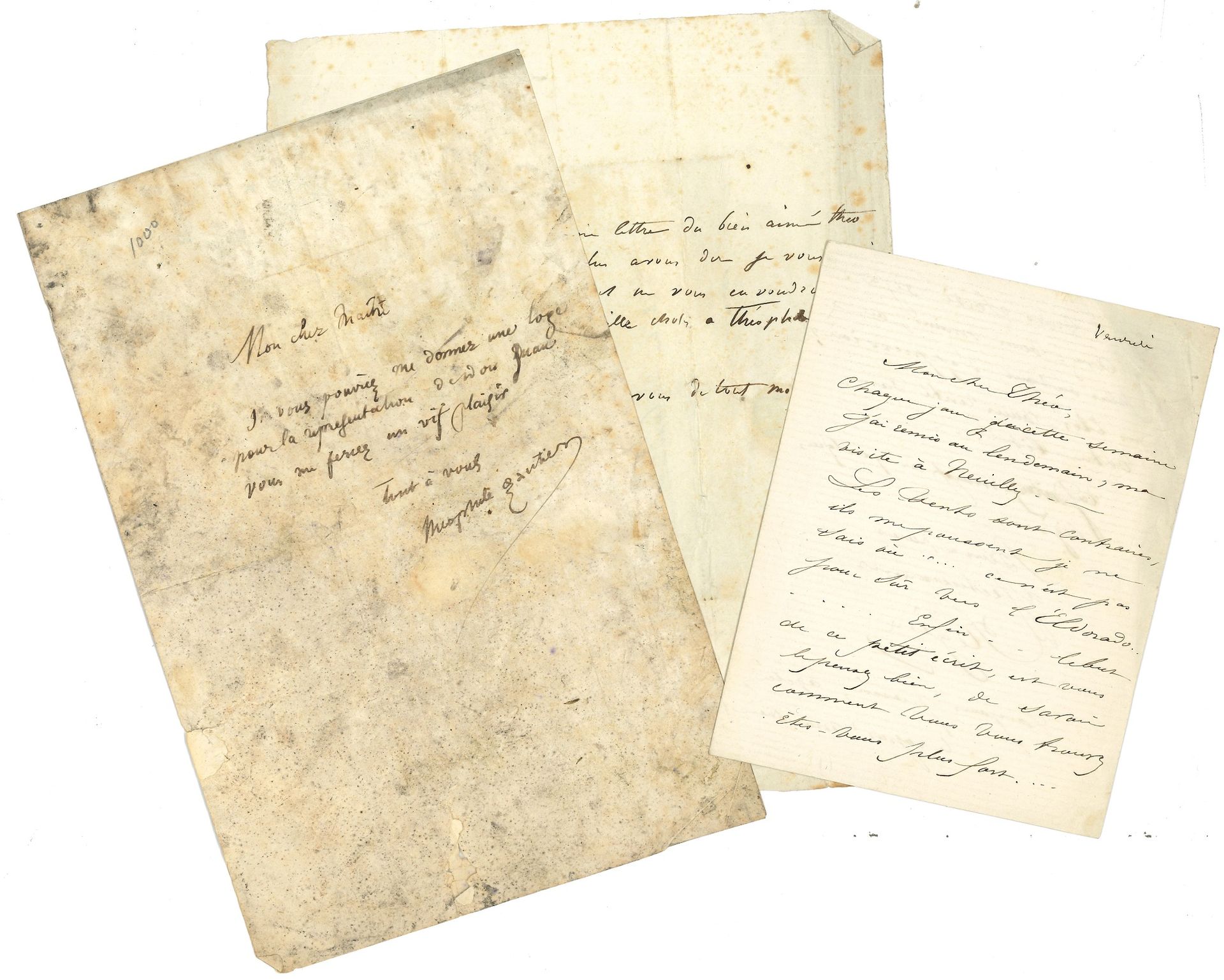 Théophile GAUTIER. L.A.S., au directeur du Théâtre Français ou à M. Verteuil ; demi-page in-8, adresse (mauvais état).

Demande de place pour la représentation de Don Juan.
On joint une l.a.s. de son ancienne maîtresse Régina Lhomme à Gautier, et un billet non signé adr. à Mme Th. Gautier.