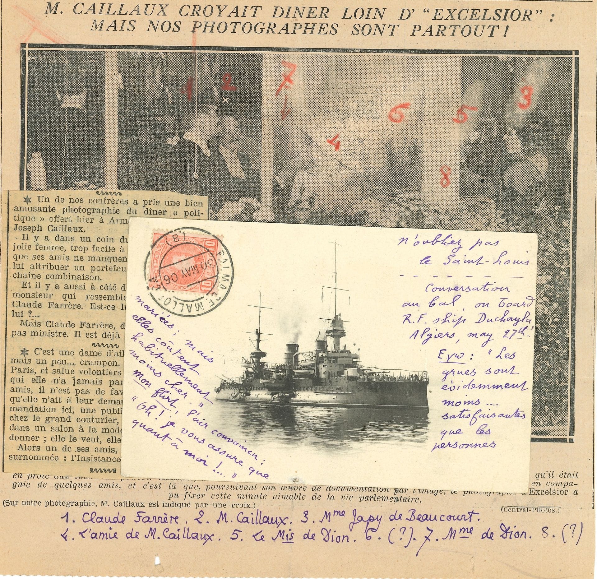 Claude FARRÈRE (1876-1957). Carte postale autographe, [30 mai 1906], à Pierre Louÿs ; carte illustrée (navire de guerre) adresse au dos.

Il rapporte son amusante conversation avec un flirt à Alger : « Les grues sont évidemment moins… satisfaisantes que les personnes mariées ; mais elles coûtent habituellement moins cher »…
On joint une coupure de presse concernant Farrère, annotée par Pierre Louÿs ; plus une carte postale a.s. d’Anatole France à Jane Catulle-Mendès (vue de la Béchellerie).