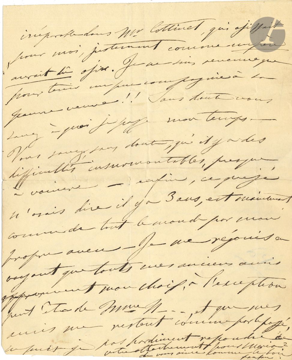 Maria MALIBRAN (1808-1836). L.A.S. « Maria », 15 septembre [1832, au marquis de Louvois] ; 3 pages in-4.

Charmante et rare lettre de la cantatrice.
« L’année passée j’attendais, j’attendais !! Quoi ? le direz-vous – Vous…. Je ne savais à quoi attribuer un si long silence (car vous pouviez m’écrire ne pouvant venir). J’apprends à l’instant que vous être employé chez un Ministre, roulant voiture à volonté… &c. Moi, pauvre et toujours la même Maria, j’avais été très piquée de votre négligeance à mon égard, cependant avant mon départ je n’ai pu résister plus long-temps à l’envie de savoir de vos nouvelles, je vous ai écrit un petit poulet bien gentil… Mais… Monsieur Fanfan n’a pas voulu se donner la peine de passer à la rue Blanche. Qu’est-ce que ça veut dire ? Monsieur Louvois Fanfan presque Ministre ? Sommes nous trop fiers pour condescendre à incliner la tête vers notre ancienne amie Maria ? Je n’ai pas été rendre visite à Made votre mère croyant que le choléramorbus vous tenoit tout contre moi, sans cela…… […] Je parts demain pour donner un concert au Théatre Royal de Bruxelles, et je dois revenir à la fin du mois. Vous savez, sans doute, que je viens de faire une perte irréparable dans Mr Cottinet, qui agissait pour moi, justement comme un père aurait dû agir. Je ne suis revenue que pour tenir un peu compagnie à sa jeune veuve !! Sans doute vous avez à quoi je passe mon temps. Vous avez, sans doute, qu’il y a des difficultés insurmontables, presque à vomir. Enfin, ce que je n’osais dire il y a 3 ans [allusion à sa liaison avec son futur mari, Charles de Bériot], est maintenant connu de tout le monde par mon propre aveu. Je me réjouis en voyant que touts mes anciens amis approuvent mon choix, à l’exception peut-être de Mme N…, et que mes amis me restent comme par le passé »…