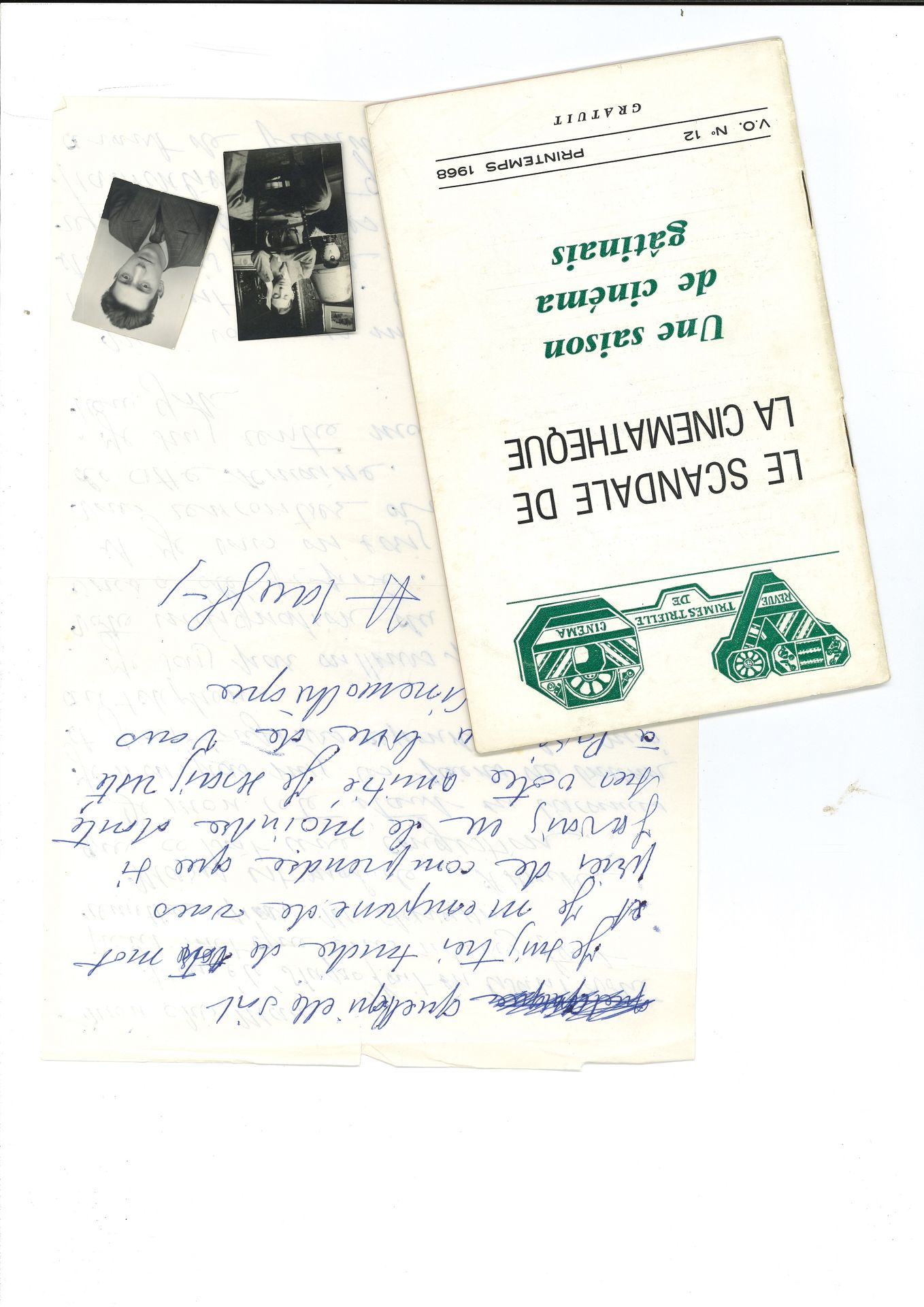 Henri LANGLOIS (1914-1977). L.A.S. and L.S., [late 1967?] and June 6, 1976, to Marc Allégret; 2 1/2 pages in-4.

Langlois has returned from New York and knows "your indignation at the deal that has been proposed to you [...] I must reflect, in today's particularly serious circumstances, before making a decision. [...] If I had had the slightest doubt about your friendship I would have stayed in Paris instead of entrusting the film library to you. [Before his final dismissal on February 9, 1968, Henri Langlois, who was traveling, had left his place to the vice-president Marc Allégret, who would also be ousted.] The typed letter of 1976, convenes him for the ordinary General Assemblies.
Three letters addressed to Marc Allégret are attached: 1964, l.s. from Léon Mathot delegating his powers as president; 25/11/67, l.a.s. from Ant. Bertrand, on behalf of Malraux, proposing the name of Skimasi for the board of directors of the Cinémathèque; 25 May 1970, l.s. from Jérôme Medrano, proposing to make a film about the family circus; a set of family photographs used to illustrate the book by G. P. Langlois and G. Myrent on Henri Langlois; an in-8 magazine from the Cinémathèque du gâtinais on Le Scandale de la cinémathèque (spring 1968) and a card of honorary citizen of the city of Lignières-en-Berry in Langlois' name.