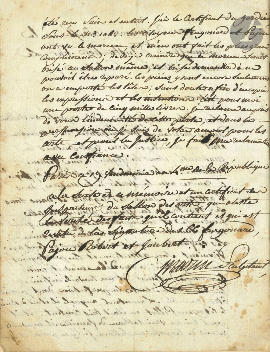 Joseph-Charles MARIN (1759-1834). 2 P.A.S. et 2 L.A.S., 1795-1815 ; 12 pages in-4, 3 adresses ; montées sur feuillets de papier vergé, le tout relié en un volume in-4, demi-basane brune.

Intéressant recueil de lettres et pièces du sculpteur constitué par les Goncourt, avec notes autographes de Jules de Goncourt à l’encre rouge sur les feuillets intercalaires, et l’ex-libris gravé par Gavarni.
19 vendémiaire IV (11 octobre 1795). Copie autographe signée de son mémoire adressé à la Commission d’Instruction. Réclamation concernant son « modèle en terre, représentant la maternité », envoyé au Salon, où il a été brisé. Il le décrit : « une femme, entourée de ses enfants, je m’étais appliqué à rendre avec la vérité de la nature, dans l’attitude, dans les regards et dans tous les traits de la figure principale cette heureuse et incomparable affection, qui ne se trouve que dans le cœur des mères. […] Ce modèle m’avait couté beaucoup de tems, et un travail infini. Je lui avais donné toute la perfection, dont je puis être capable »…
18 brumaire X (9 novembre 1801), mémoire-facture de sa statue de la Paix exécuté pour la fête de la Paix, sur ordre de Chalgrin, statue en plâtre de 2,80 mètres, « représentant la Paix offrant l’olivier » ; le document est visé et signé par Chalgrin.
Lyon février et juillet 1814, et 10 août 1815. 3 lettres à M. Vern. Sur son installation définitive à Lyon, où Artaud l’a accueilli au Palais des Arts, où il enseigne la sculpture ; il s’inquiétait d’un groupe ébauché en marbre, qui est au dépôt chez Canova ; au sujet de portraits gravés de Louis XVIII, d’après lesquels il va faire son buste ; il songe enfin à quitter Lyon dont le séjour lui est devenu insupportable…