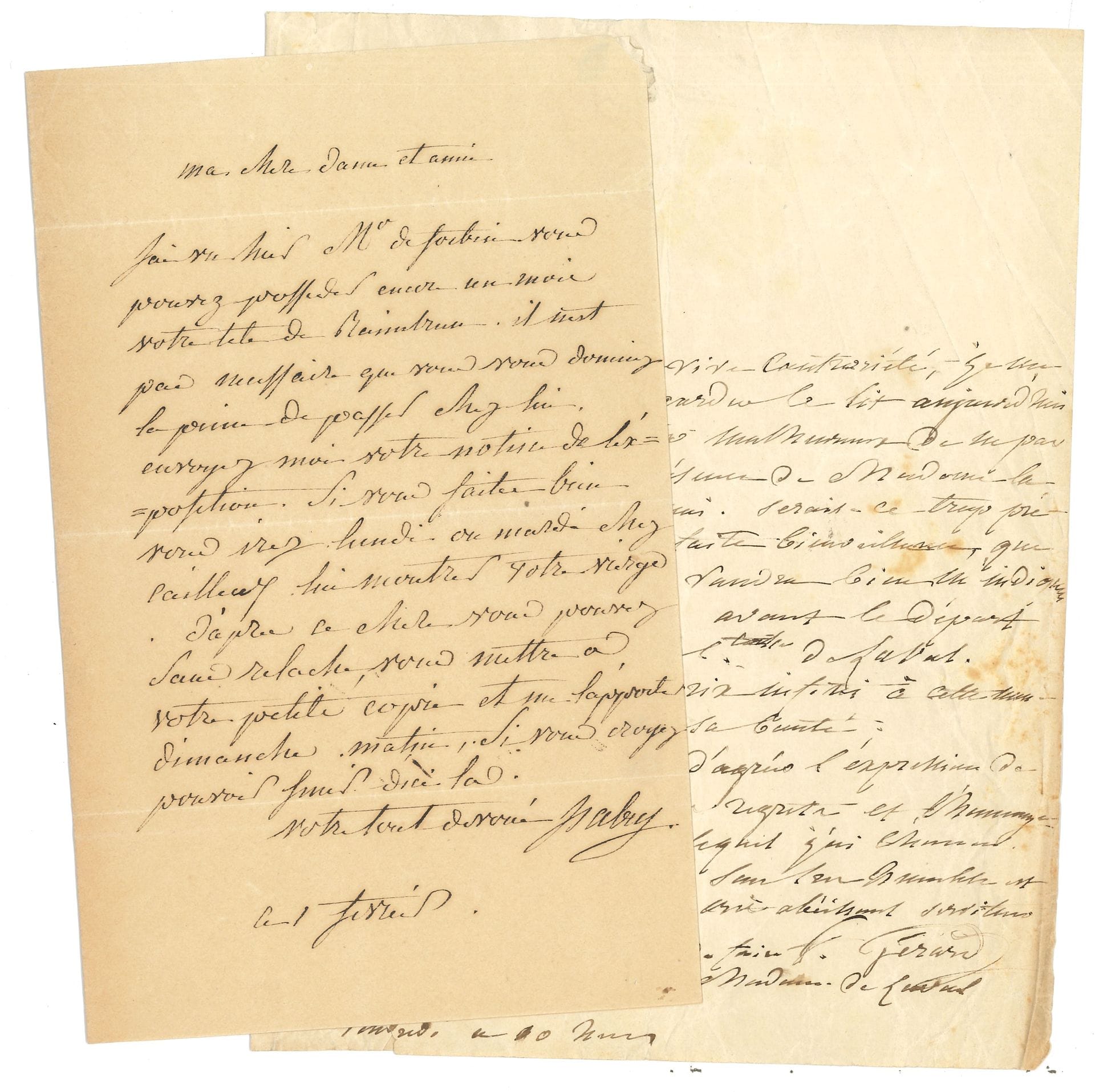 PEINTRES. 4 L.A.S.

François Gérard (2), Théodore Gudin (il vient de terminer des tableaux qui vont être envoyés à Anvers), Jean-Baptiste Isabey (à Mme Paulini : il montrera sa Vierge à Forbin).