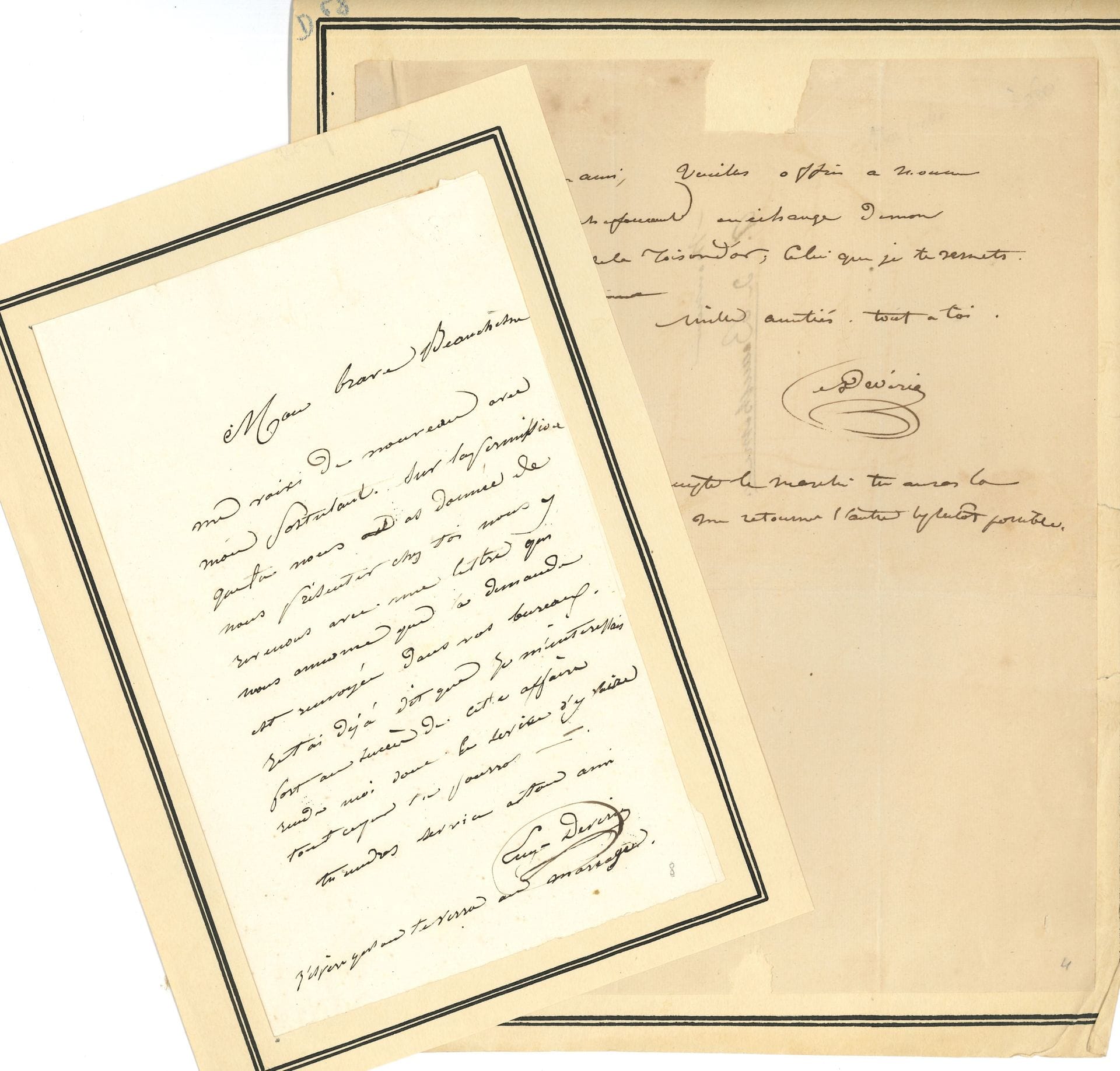 Achille DEVÉRIA (1800-1857). L.A.S., [1827 ?], à Alcide de Beauchesne ; demi-page in-4, adresse (petite déchirure par bris du cachet).

Il lui envoie un dessin pour Sosthènes de La Rochefoucauld (1785-1864, directeur des beaux-arts) « en échange de mon dessin de la Toison d’or […] S’il accepte le marché tu auras la bonté de me retourner l’autre le plutôt possible. » [Il s’agit peut-être de son aquarelle Philippe le Bon, duc de Bourgogne, passant au cou de sa maîtresse le collier de la Toison d’or qu’il présenta au Salon de 1827.]
On joint une L.A.S. de son frère Eugène DEVÉRIA (1805-1865) au même (1 page in-8), au sujet d’une démarche pour un « postulant » : « rends-moi donc le service d’y faire tout ce que tu pourras. Tu rendras service à ton ami »…
