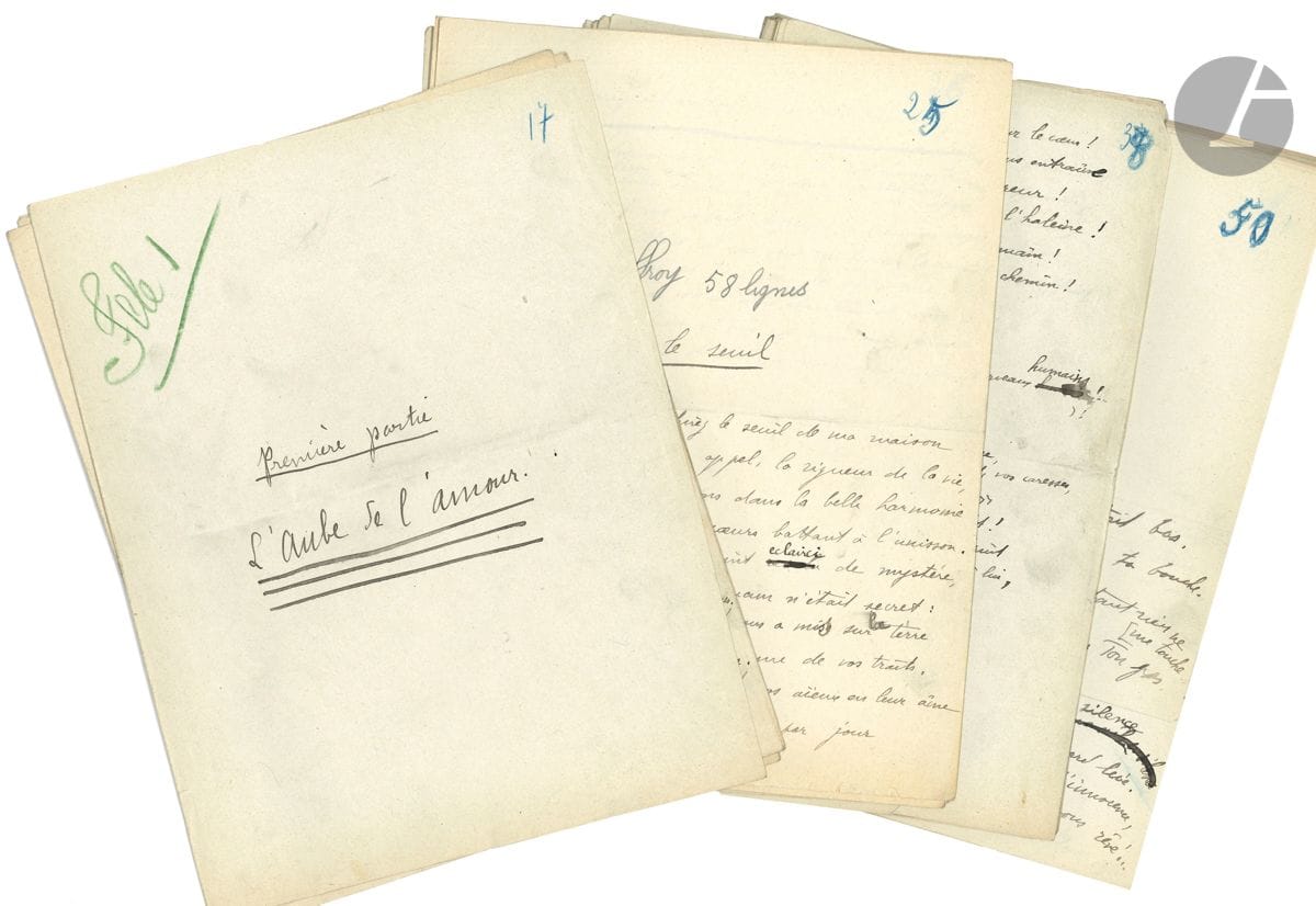 Pierre AGUÉTANT (1890-1940). Manuscrit autographe, Le Poème du cœur, [1914] ; 265 pages petit in-4.

Manuscrit de ce recueil de poèmes, publié chez Plon en 1914 avec une préface d’Hélène Vacaresco.
Ce manuscrit, ayant servi pour l’impression (avec les marques des typographes), comprend la liste des œuvres du même auteur et le copie de la préface d’Hélène Vacaresco. Il présente des ratures et corrections. La 2e partie (après la p. 110) est en partie composée de textes imprimés, collés et corrigés, et en partie autographe.
On joint 2 versions dactylographiées et corrigées de la préface ; plus 3 manuscrits autographes d’articles sur ce recueil, par Jeanne Perdriel-Vaissière (16 p.), Jean Vermorel (10 p.) et Lucien Viborel (5 p.).