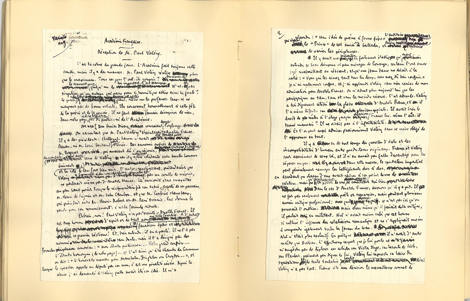 [Paul VALÉRY]. Paul SOUDAY (1869-1929). 4 manuscrits autographes signés ; 17 pages in-8 montées dans un recueil de coupures de presse (56 p., broché, dos cassé).

Important ensemble d’articles et coupures de presse sur Paul Valéry, notamment sur sa réception à l’Académie. Les trois manuscrits de Paul Souday, avec ratures et corrections, sont : Autres Rhumbs (2 p.), sur le recueil du poète et sa réception académique ; Académie Française. Réception de M. Paul Valéry (4 p.) ; Au “Crapouillot” (3 p.), réponse à un article de Galtier-Boissière dénigrant Valéry ; Les Livres (8 p.), chronique sur 4 ouvrages de Valéry, et des livres de Claudel et Jammes.