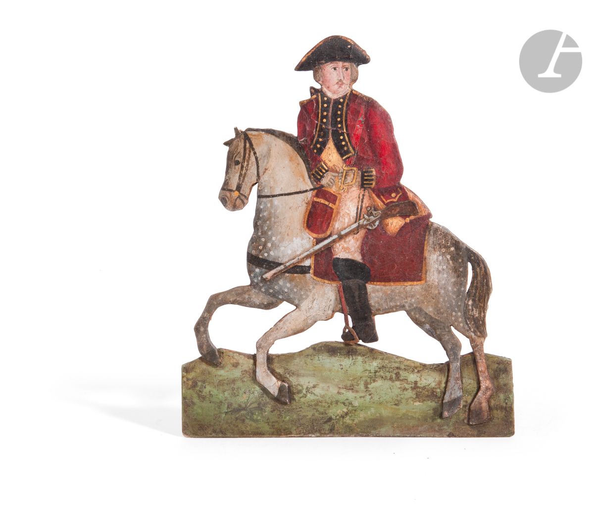 SOUVENIRS DU DUC D’ENGHIEN 


Rare figurine en carton peint par le futur Duc d’Enghien, à décor d’un cavalier, monté en plusieurs parties. 


Socle en bois.


Marqué à la plume au revers « Fait dans sa 15e année L.A.H de Bourbon. » 


Marqué sur le socle « N° 4 »


16,5 x 13,5 cm 


A.B.E. Vers 1787





Biographie : 


Louis Antoine Henri de Bourbon, duc d’Enghien (1772-1804)


Fils de Louis Henri Joseph de Bourbon, 9e prince de Condé, il combat dans les armées de son père jusqu’en 1801 avant de s’installer, après la signature du traité de Lunéville, à Ettenheim, en Bade, face à Strasbourg. C’est là, en territoire neutre et donc en violation du droit international, qu’il est enlevé dans la nuit du 15 au 16 mars 1804. Transféré à Vincennes, celui-ci y est jugé sommairement par un conseil de guerrre, qui le déclare coupable de complot à l’unanimité et le condamne à mort. Le duc de Savary ordonne l’exécution du duc, qui dans la nuit du 20 au 21 mars est fusillé à la lumière d’une lanterne puis enterré dans les fossés du château.





Historique : 


On retrouve dans les collections du Château de Chantilly un pastel représentant le Prince enfant, découpant des soldats similaires aux nôtres. (Inv. PD 553).