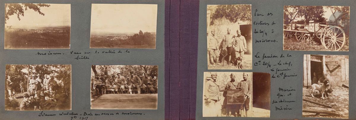 Album photographique d’un soldat de la Grande guerre. 


De mai 1915 à 1918. 


Il contient 193 photographies, dont aéronefs (saucisse de Noiremont), soldats, bataille de la Somme, Aisne, château de Pierrefort, avion abattu. 


A.B.E.