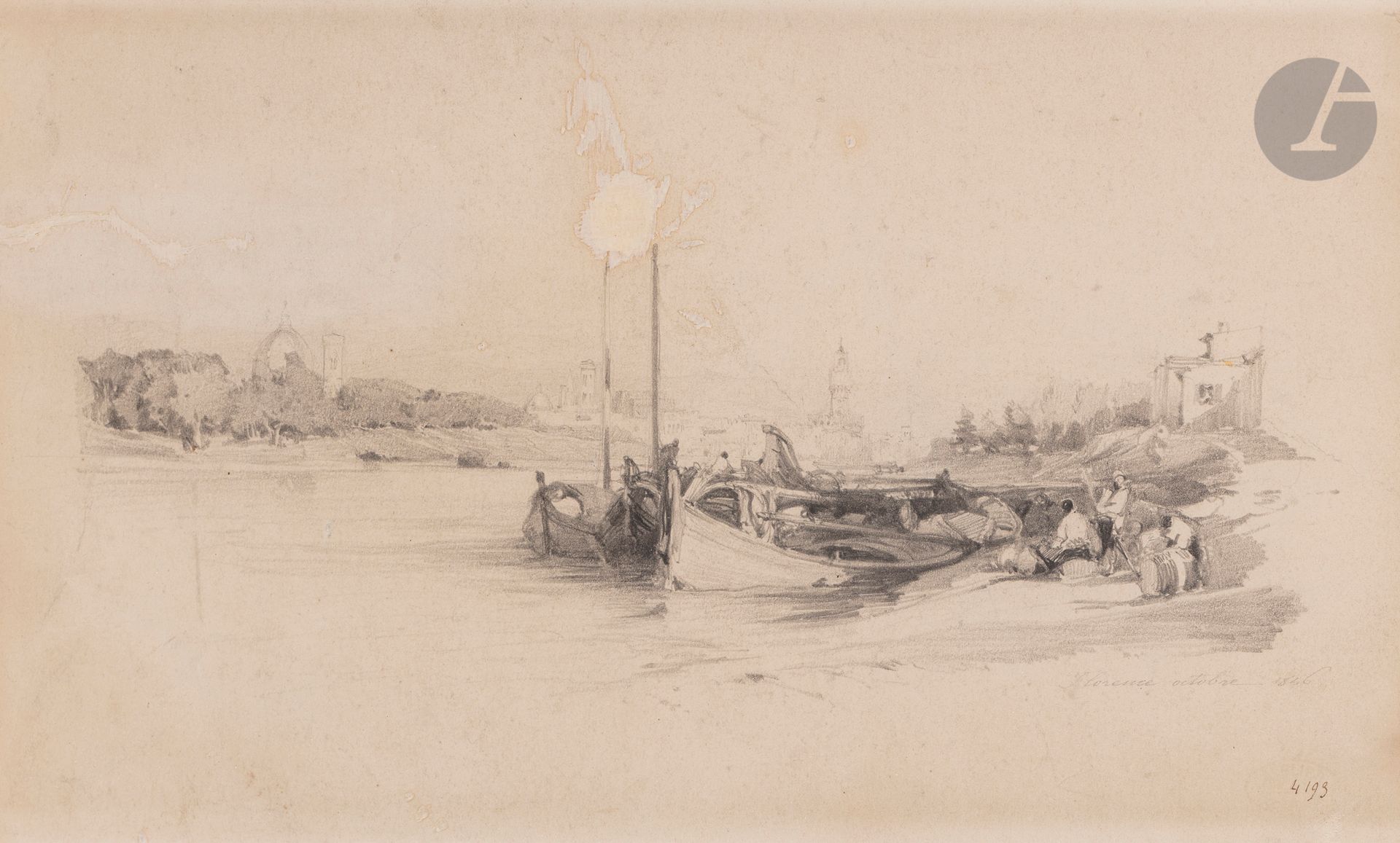 Félix ZIEM (1821-1911)
Paysage au bord de l’Arno, 1846
Mine de plomb.
Datée et située « Florence octobre 1846 ».
Timbre de l’atelier en bas à droite (Lugt 3707).
(Restaurations).
16 x 25 cm