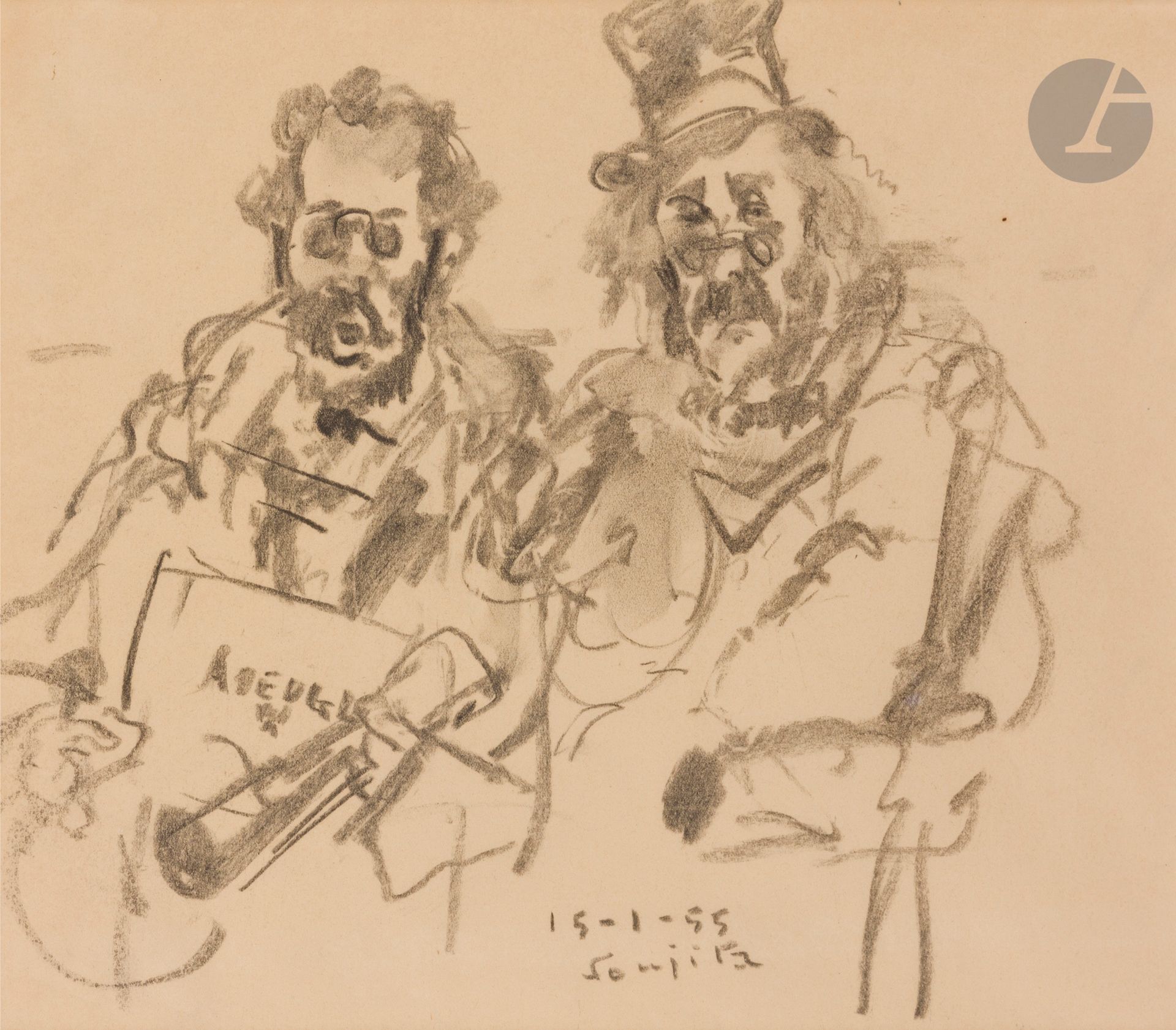 Léonard Tsuguharu FOUJITA (1886-1968)
Les Musiciens, 1955
Fusain.
Signé et daté en pied.
24,5 x 28,5 cm

Provenance :
Vente Succession Kimiyo Foujita, Maître Cornette de Saint-Cyr, Paris, 23 octobre 2012, n°193.

Ce dessin est une étude préparatoire à la toile Les Musiciens réalisée le 14 juillet 1955 et répertoriée in Sylvie et Dominique Buisson, La Vie et l’œuvre de Léonard Tsuguharu Foujita, Courbevoie, ACR Édition, 1987, p. 98 , n°55.08.