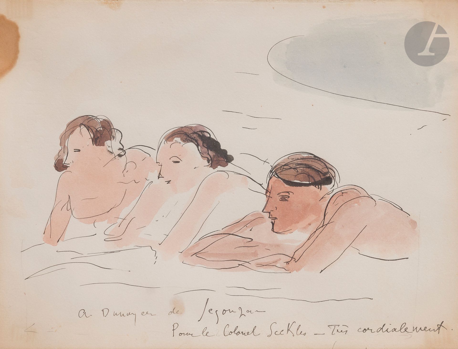 André DUNOYER DE SEGONZAC (1884-1974)
Femmes à la plage
Encre et aquarelle.
Signée et dédicacée en pied.
(Taches).
18,5 x 25 cm