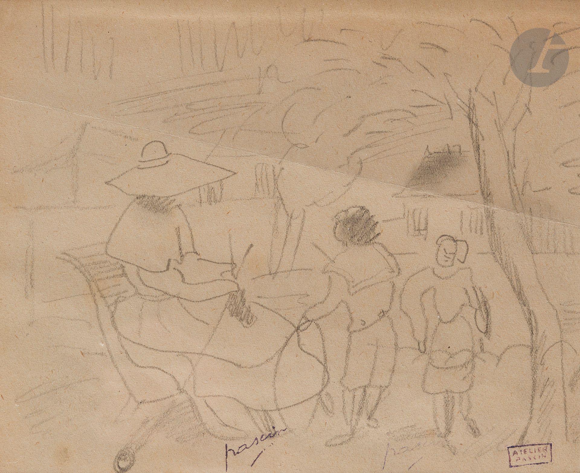 Julius Pincas dit PASCIN (1885-1930)
Femme à la couture et ses enfants au parc
Crayon.
Timbres de la signature (Lugt 2014a) et de l’atelier (Lugt 2014b).
14,5 x 18 cm
 
Nous remercions Madame Rosemarie Napolitano d’avoir confirmé l’authenticité de cette œuvre.