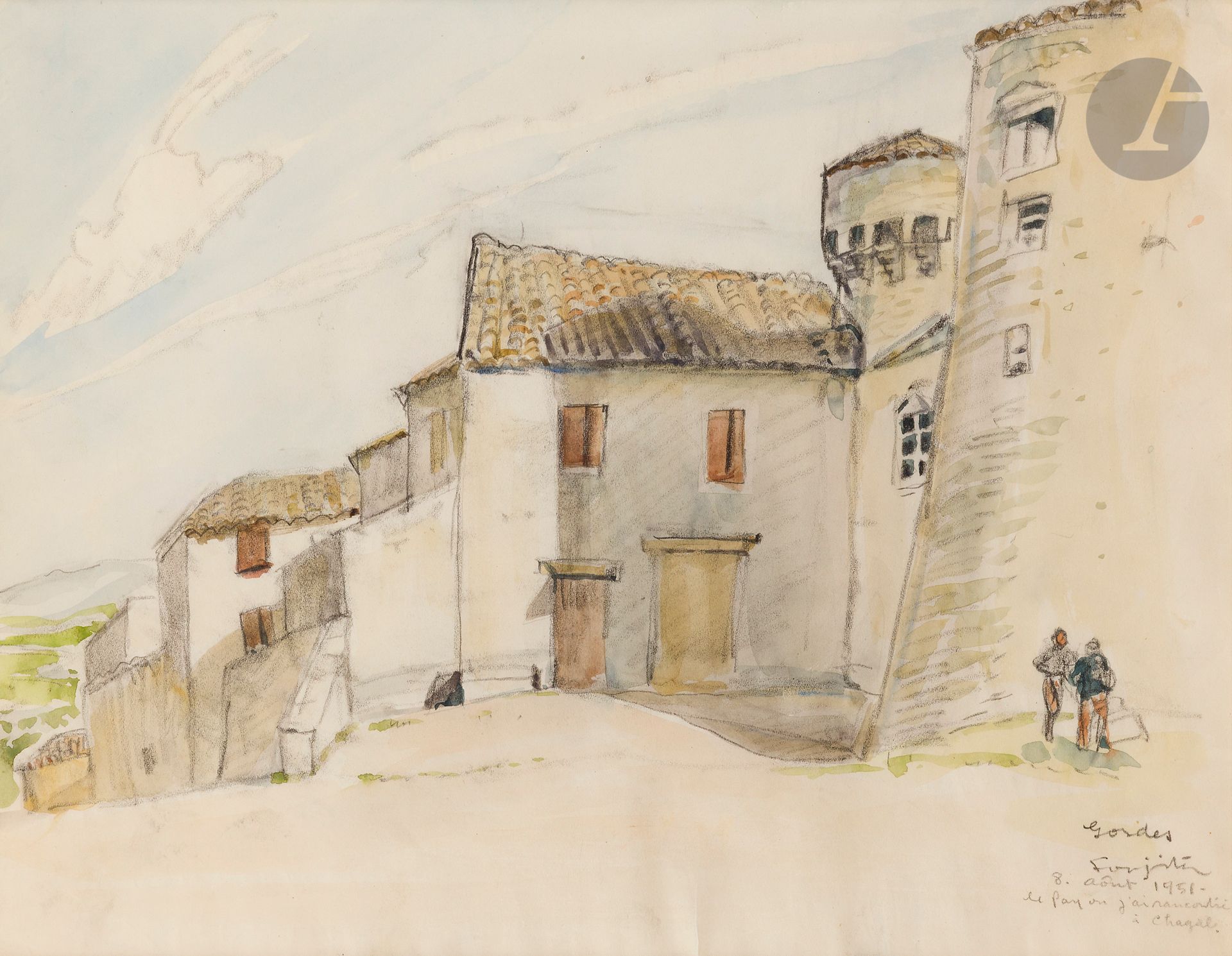 Léonard Tsuguharu FOUJITA (1886-1968)
Gordes, 1951
Aquarelle sur traits de mine de plomb.
Signée, datée et titrée en bas à droite.
Annotée en bas à droite « le pay ou j’ai rencontré à Chagal ».
26 x 33,5 cm

Provenance : 
Vente Succession Kimiyo Foujita, Maître Cornette de Saint-Cyr, Paris, 23 octobre 2012, n°117.