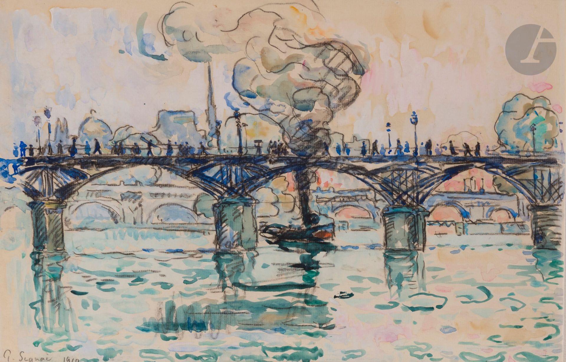 Paul SIGNAC (1863-1935)
Paris, Le Pont des Arts, 1910
Aquarelle sur traits de fusain.
Signée et datée en bas à gauche.
27,8 x 43,2 cm

Un certificat de Madame Marina Ferretti en date du 3 novembre 2020 sera remis à l’acquéreur.

À partir de 1910, date de réalisation notre œuvre, l’aquarelle prend définitivement le pas sur sa production peinte à l’huile.Cette technique lui permet de retranscrire de manière instantanée la nature qu’il observe et de capter sur le vif les effets de l’air et de l’eau.