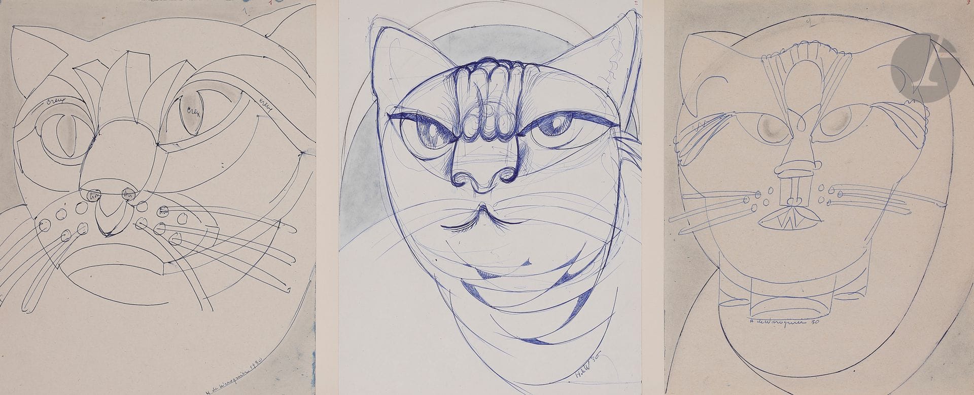 Henry de WAROQUIER (1881-1970
)Three Cats' Heads, 1930Ink
and stain on three papers mounted on strong paper.
Signed, monogrammed and dated at the foot.
Monogrammed, dated and titled on the back.
40 x 76 cmA

certificate from Mr Guy de Waroquier dated March 14, 2022 will be given to the buyer


.



