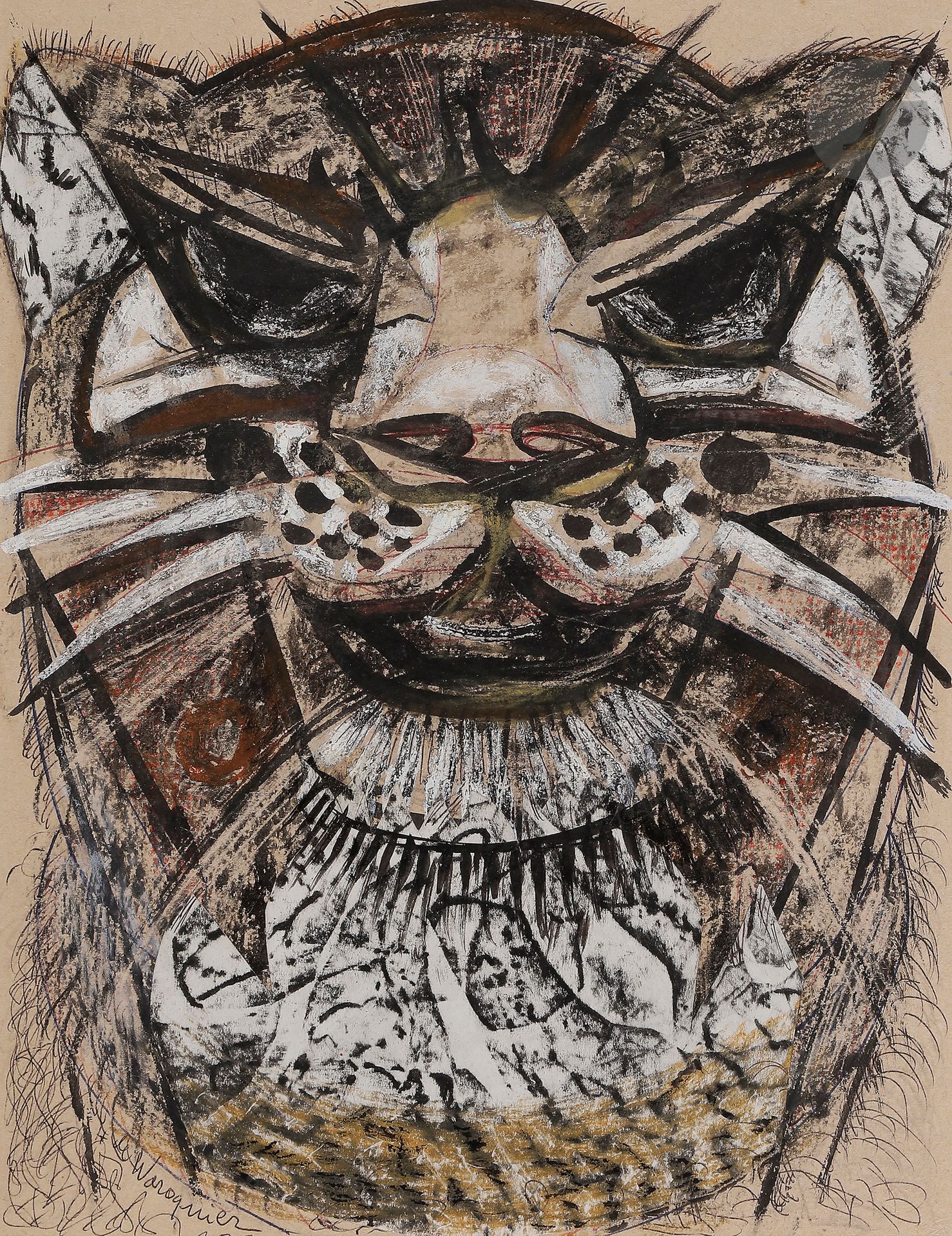 Henry de WAROQUIER (1881-1970)
Le Félin, vers 1930
Stylo-bille, crayon gras, rehauts de gouache et collage.
Signé en bas à gauche.
27 x 21 cm

Un certificat de Monsieur Guy de Waroquier en date du 14 mars 2022 sera remis à l’acquéreur.