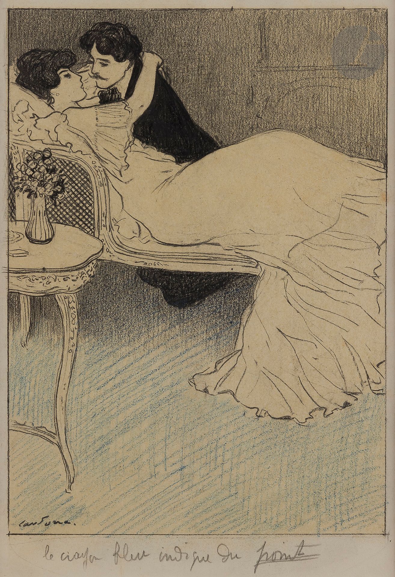 Joan CARDONA LLADÓS (1877-1958
)The LoversInks
, black pencil and colored pencils.
Signed lower left.
27 x 18 cmThis is
an


illustration made for a novel by Victorien du Saussay


.


