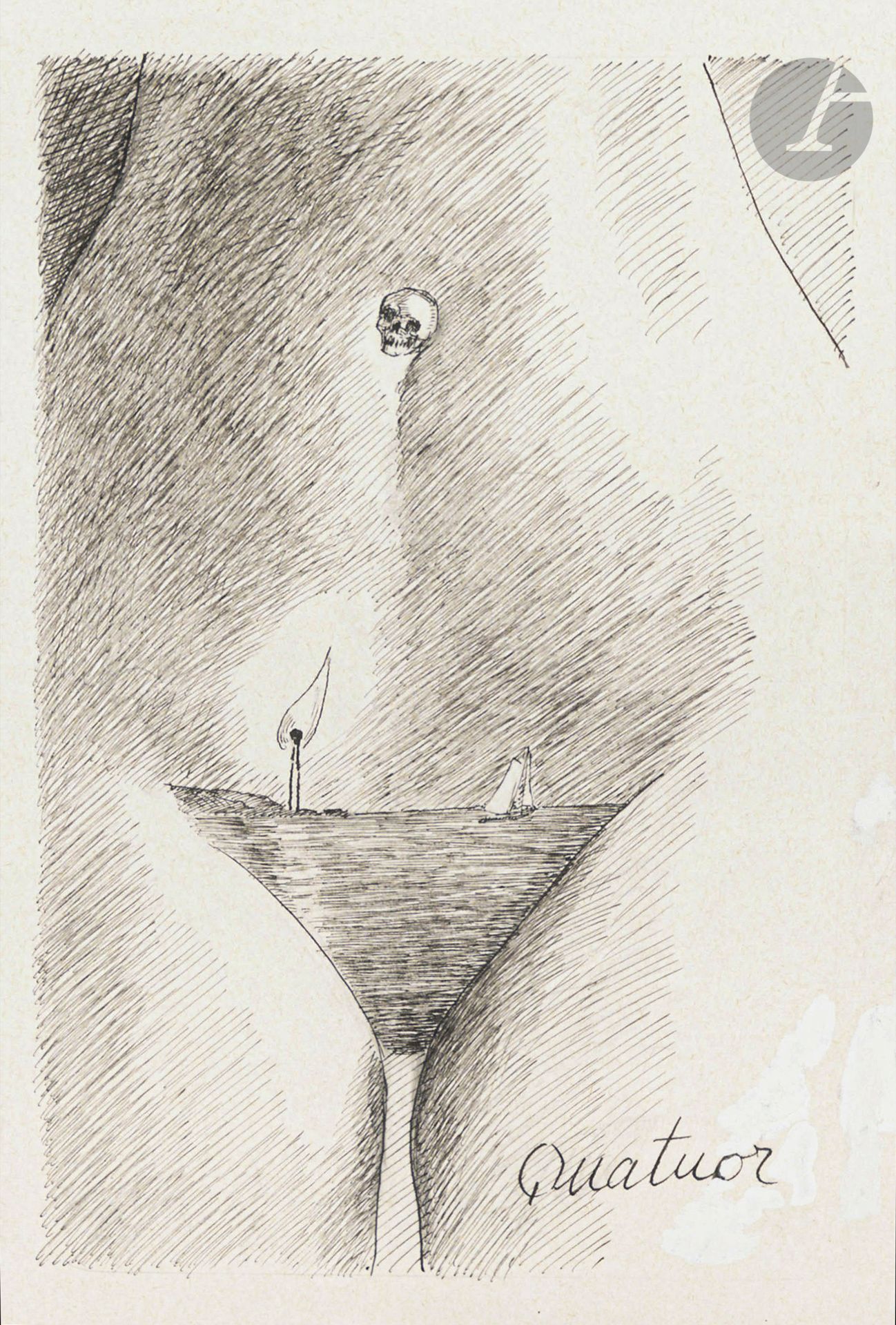 Roland TOPOR (1938-1997)
La Lettre Q
Stylo-bille.
35,5 x 25,5 cm

Ce dessin est l’œuvre ayant servi à l’illustration de la lettre Q de l’ouvrage de Jacques Sternberg, Dictionnaire des idées revues, Paris, Denoël, 1985.